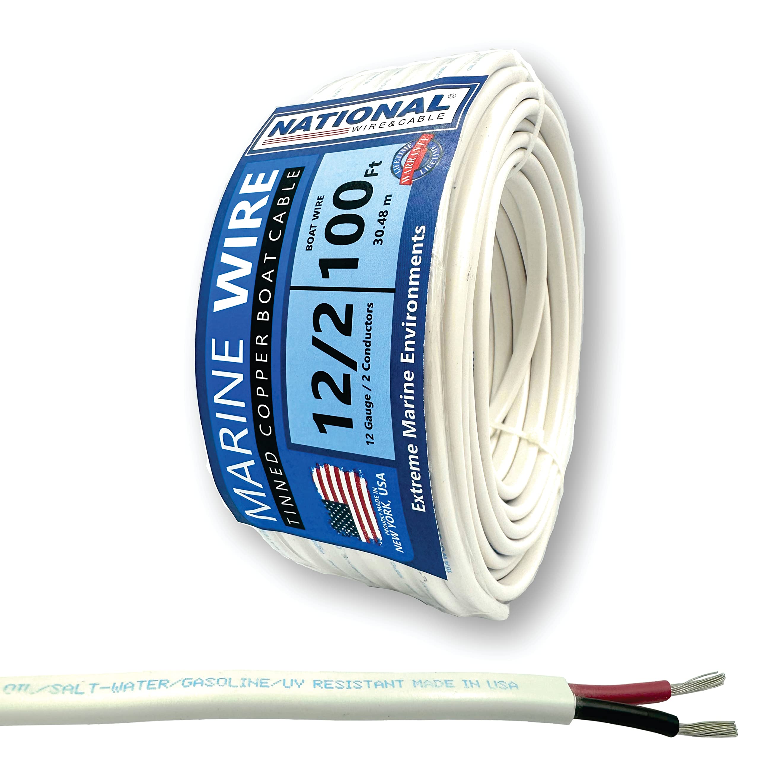 NATIONAL Wire&Cable 12/2 Marine Wire - 100 Ft - Made in USA - Tinned Copper Duplex Boat Wire - 12-Gauge 2-Conductor Shethed - Designed for Boat/Marine