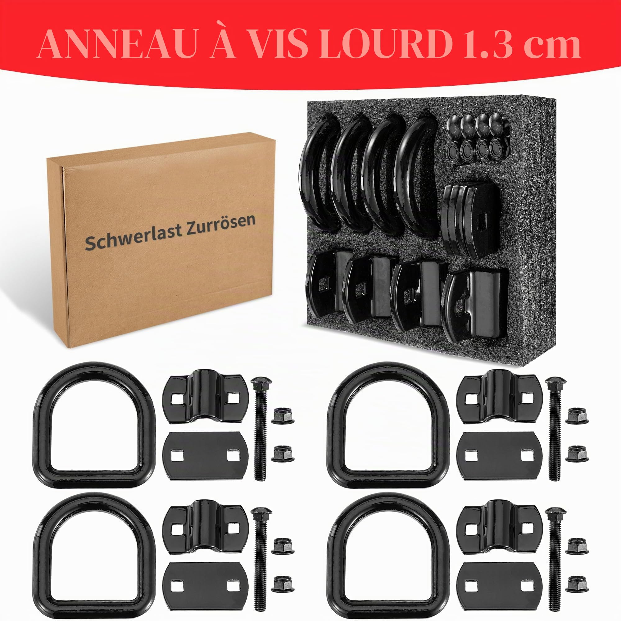 Idong Lot de 4 Œillets d'Arrimage Robustes, Point de Butée Vissable 5400 kg, Anneaux d'Arrimage avec Plaque de Montage et Vis, Noir Accessoires de Remorque pour Bateaux,Voiture,Camions,Fourgonnettes