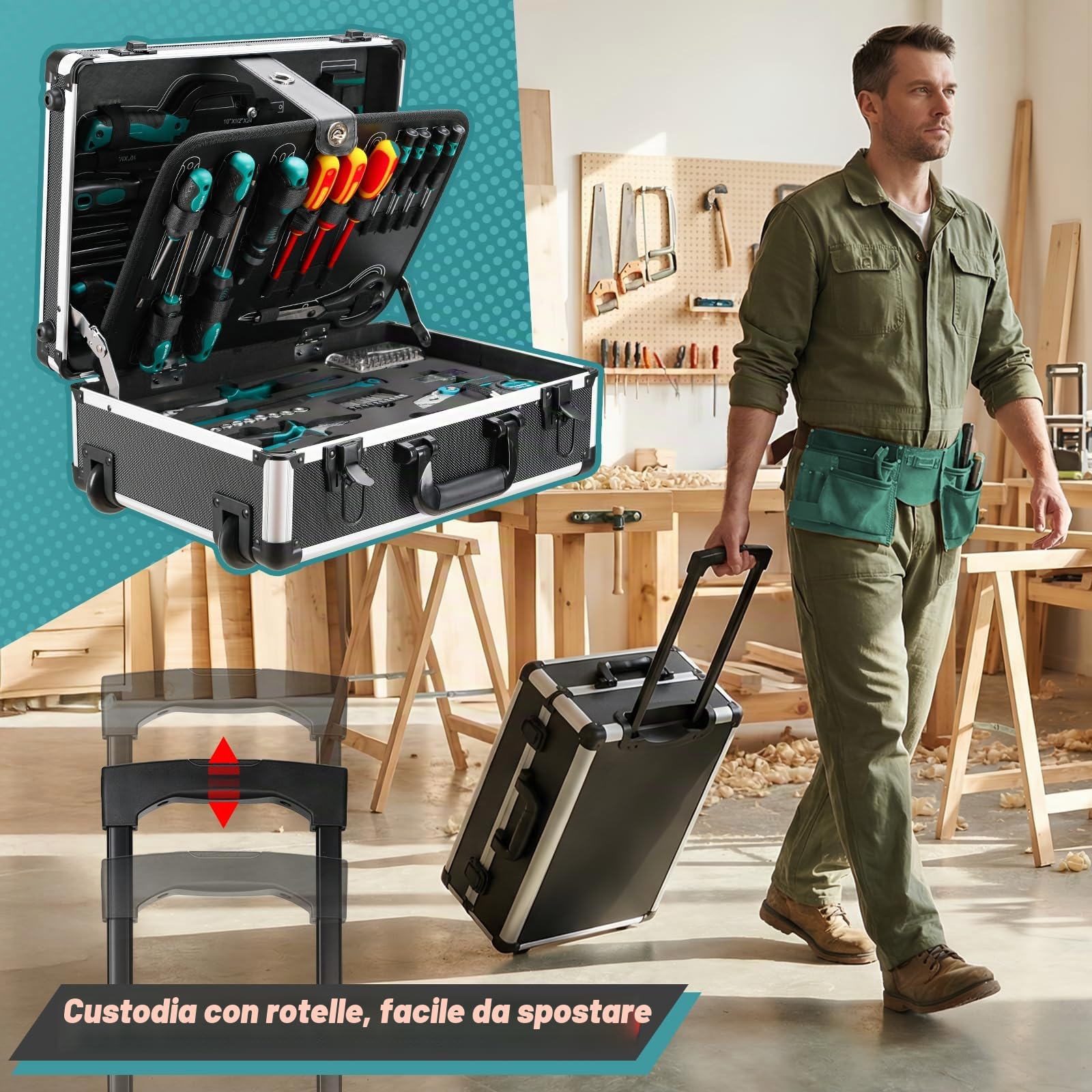 TLGREEN Set di attrezzi da 128 pezzi, con funzione trolley, cassetta degli attrezzi, cassetta degli attrezzi, cassetta degli attrezzi, portatile, per fai da te, maestri artigianali, officina