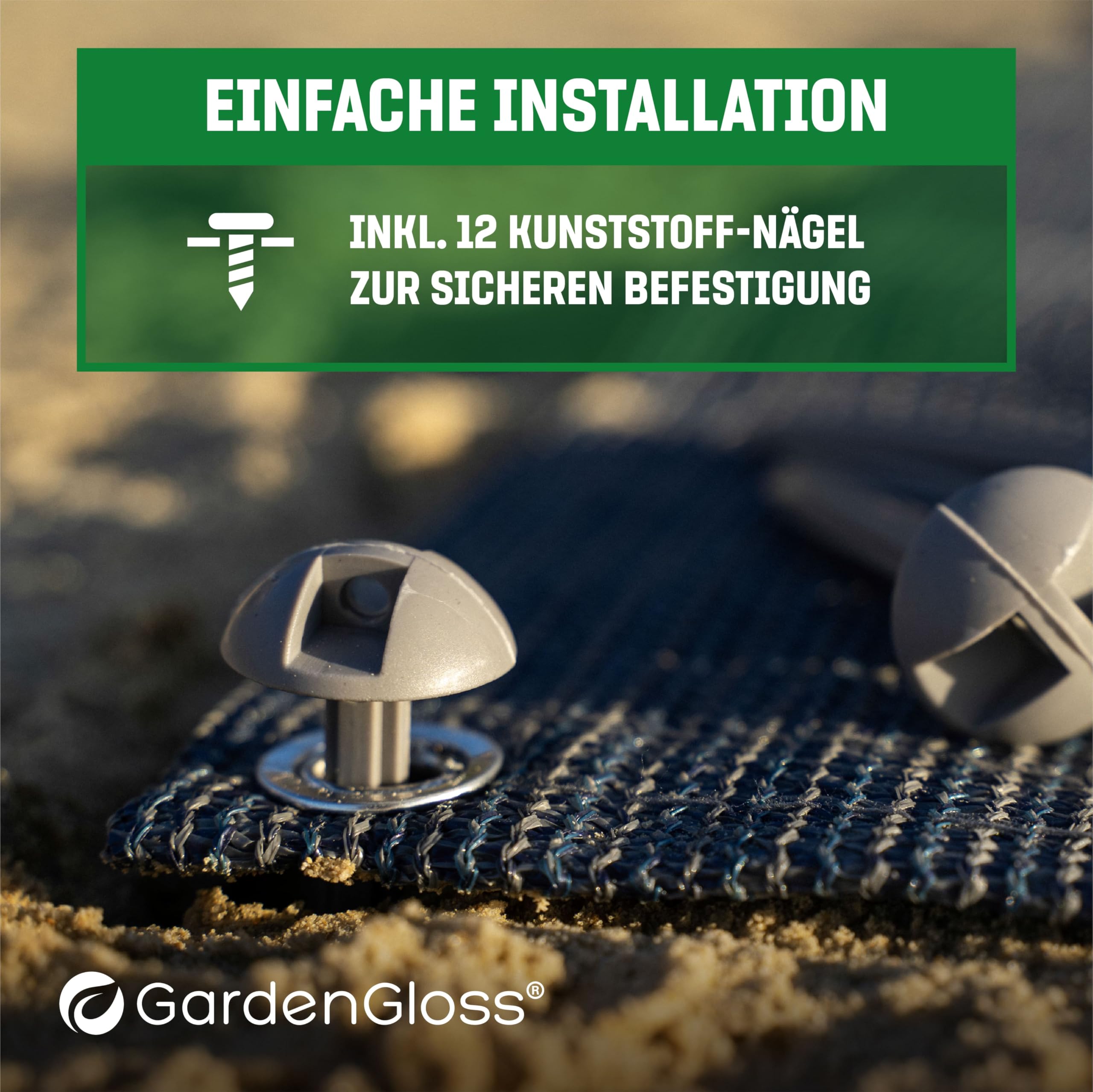 GardenGloss Vorzeltteppich - Outdoor Campingteppich Wetterfest | Inkl. 12 Befestigungsnägel - Inkl. Tragetasche - Für Vorzelt & Camping - Strapazierfähig
