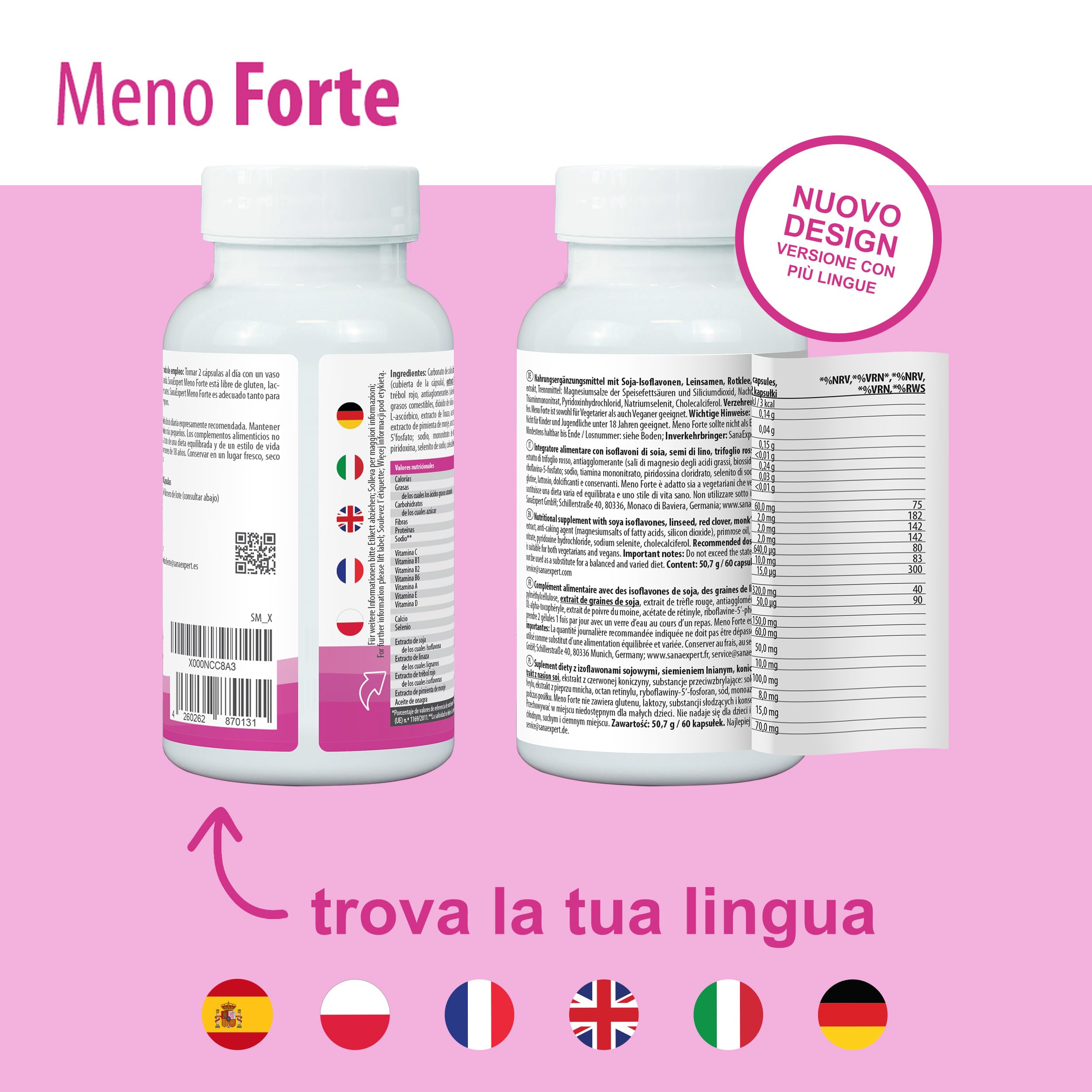SanaExpert Meno Forte - Integratore Naturale per Alleviare i Sintomi della Menopausa - Con Isoflavoni di Soia, Calcio, Selenio e Vitamine - 60 Capsule - Prodotto in Germania
