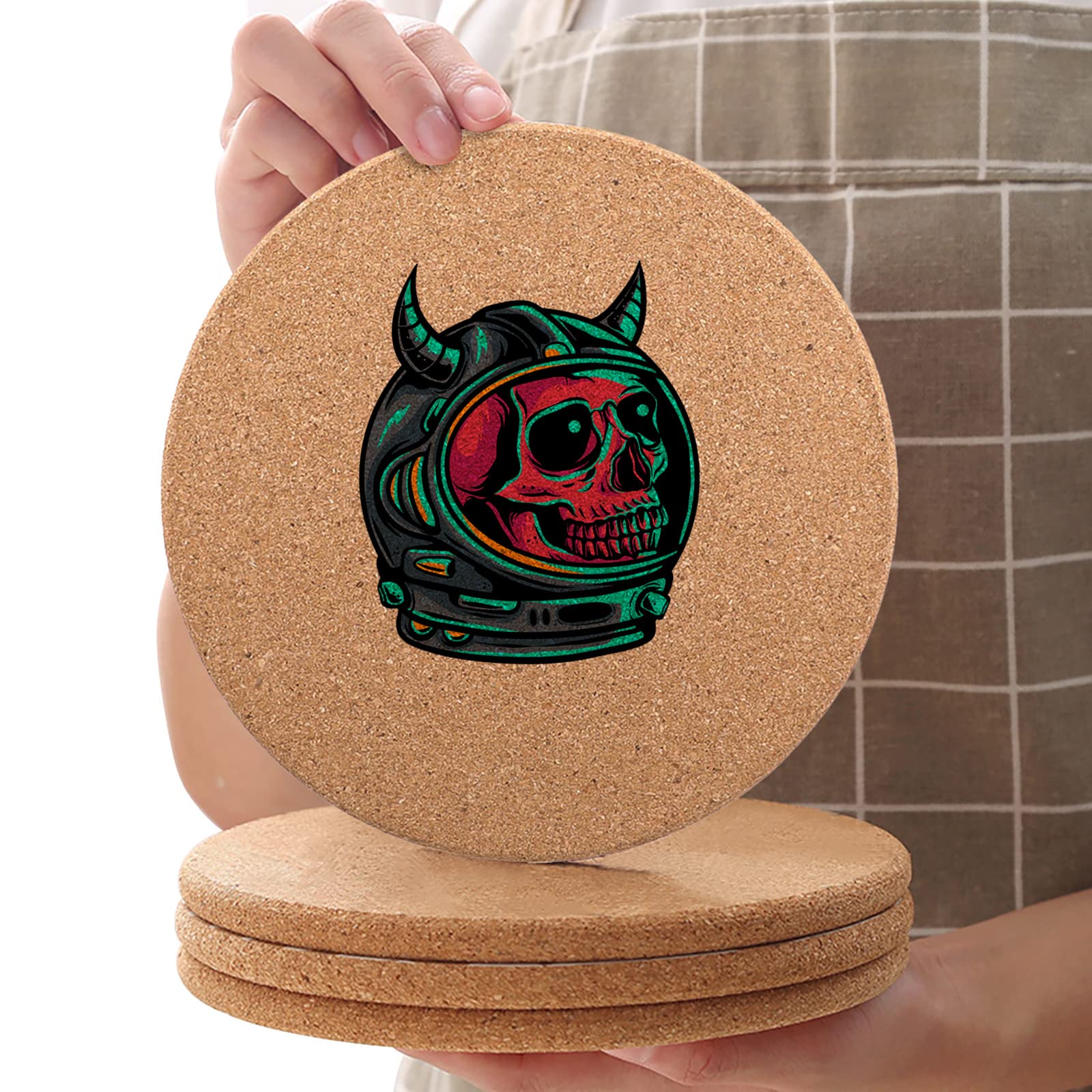 6 Pcs Skull Cork Pothloders, Heat Resistant Trivets for Hot Pots and Pans, 4x4inch Round Trivet Mats for Kitchen Countertop Table, Demon Skull with Horned Helmet