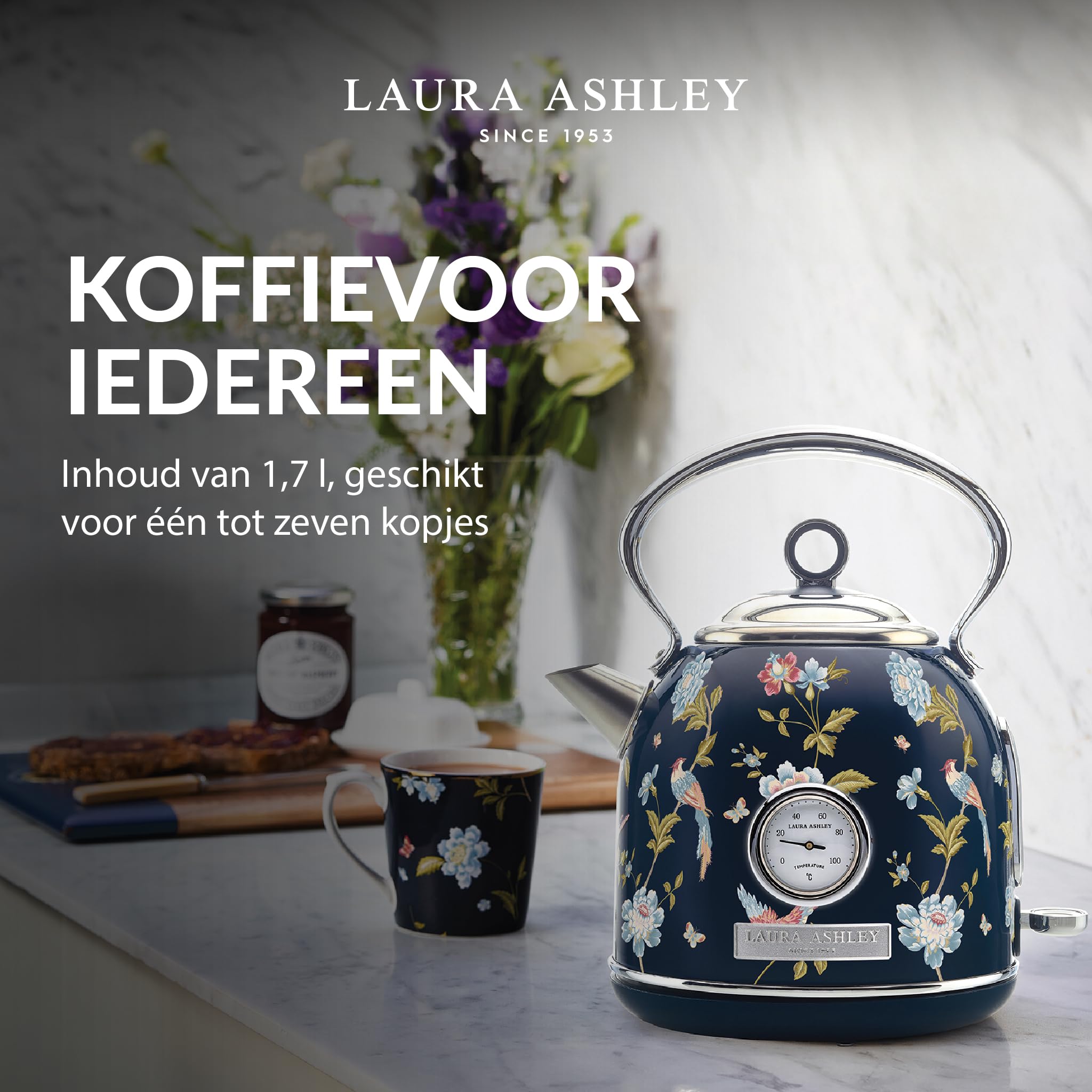 VQ Laura Ashley Bezprzewodowy Elektryczny Czajnik Elveden Navy - Pojemność 1,7 Litra, 2,2 kW Szybkie Gotować, Ochrona Przed Przegrzaniem i Wskaźnikiem Temperatury Vintage Czajnik