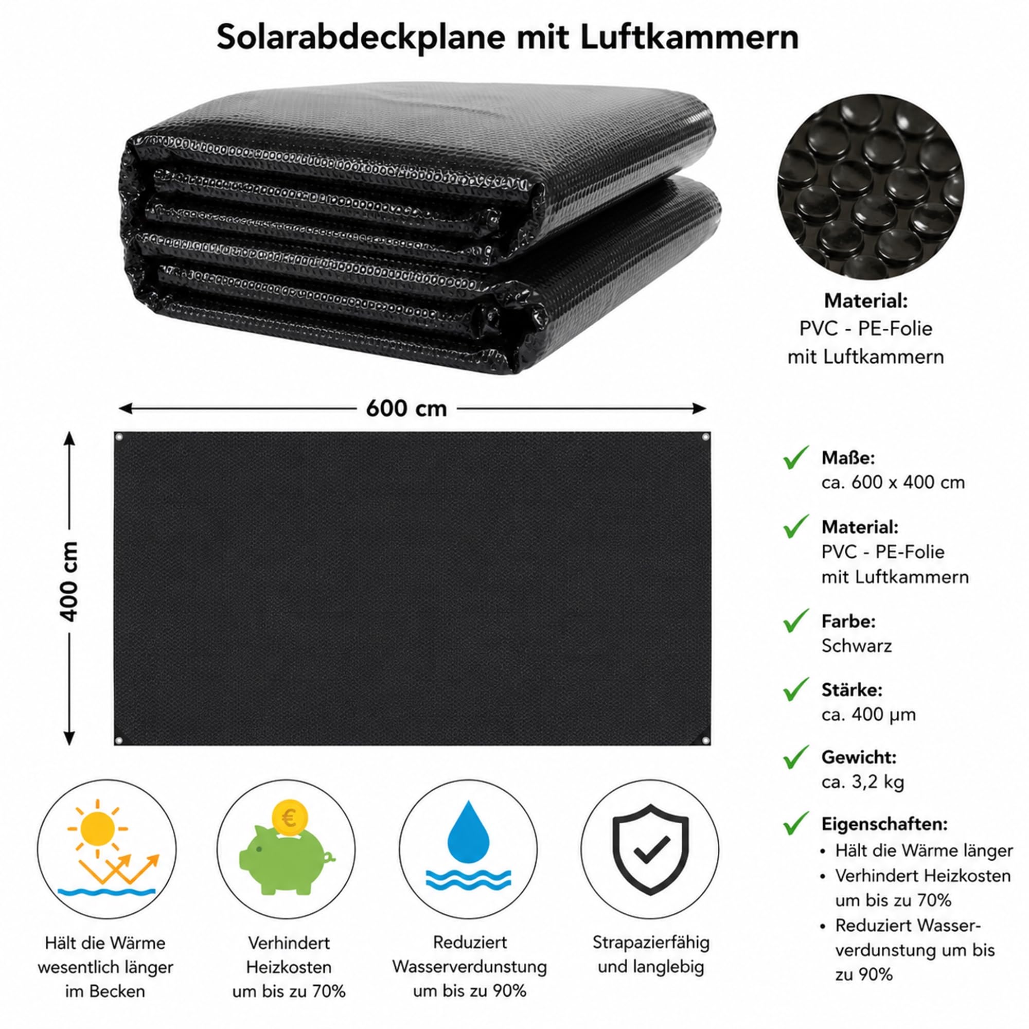 Mucola Pool Solarfolie Rechteckig 600x400 cm Schwarz – Poolabdeckung PVC mit Luftkammern und Ösen | spart bis zu 70% Heizkosten, reduziert Verdunstung, UV-beständig, zuschneidbar für Einbaupool