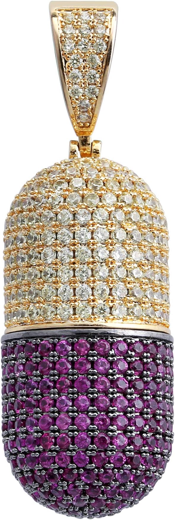 Jewelry Hip Hop Iced Out Bling CZ Capsule Medicine Pill Holder Container Pendant Cremation Urn Necklace with 24 Inch Stainless Steel (Gold+Purple), Brass
