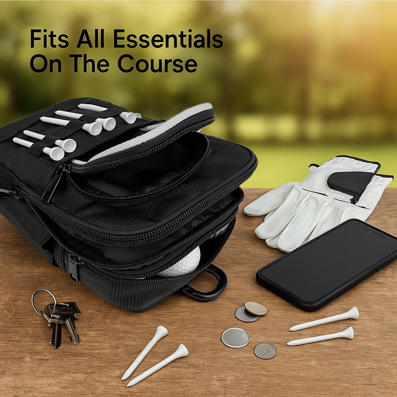 Taktische Golf-Tasche mit Karabiner, wasserabweisend, für Gürtel, Wagen oder Rucksack, kompakte Zubehörtasche für Bälle, Tees, Handschuhe und EDC-Ausrüstung, Schwarz