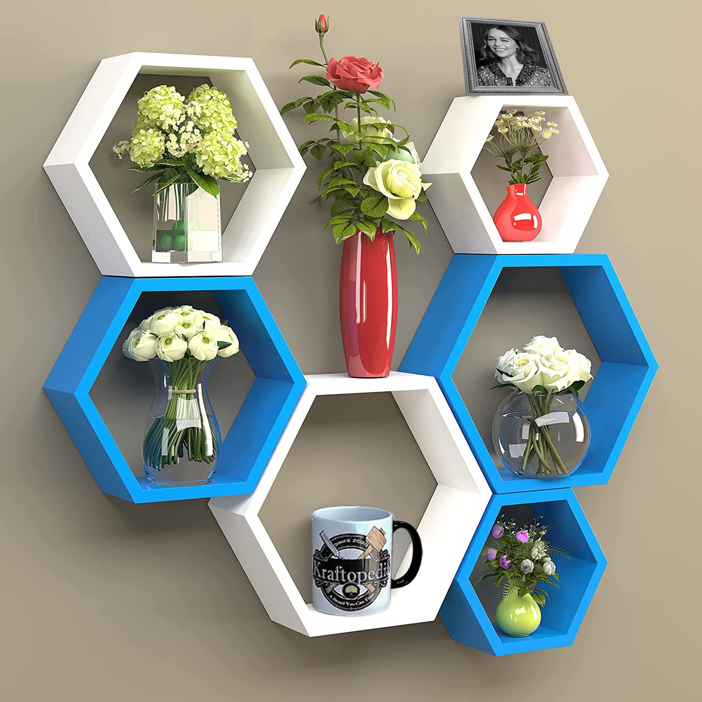 NAMRA ARTS Wall Mounted Hexagon Shape Wooden Wall Shelves for Wall Decor Set of 6 (Blue,White) (B0D7S3X7ZK) Amazon Price History, Amazon Price Tracker