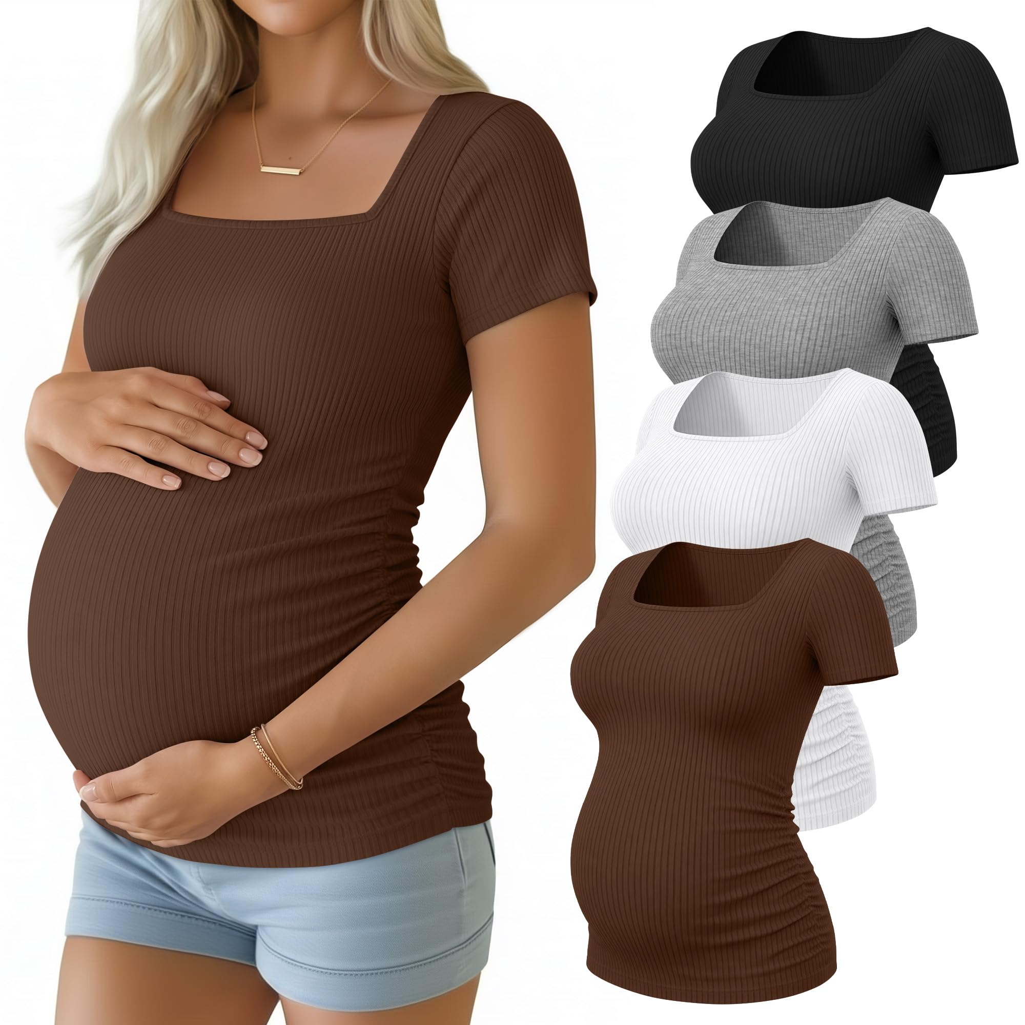 Huukeay 4 Pack Womens Maternity Shirts Cotton Ribbed Short Sleeve Square Neck Pregnancy Tops Side Ruched Summer Tee