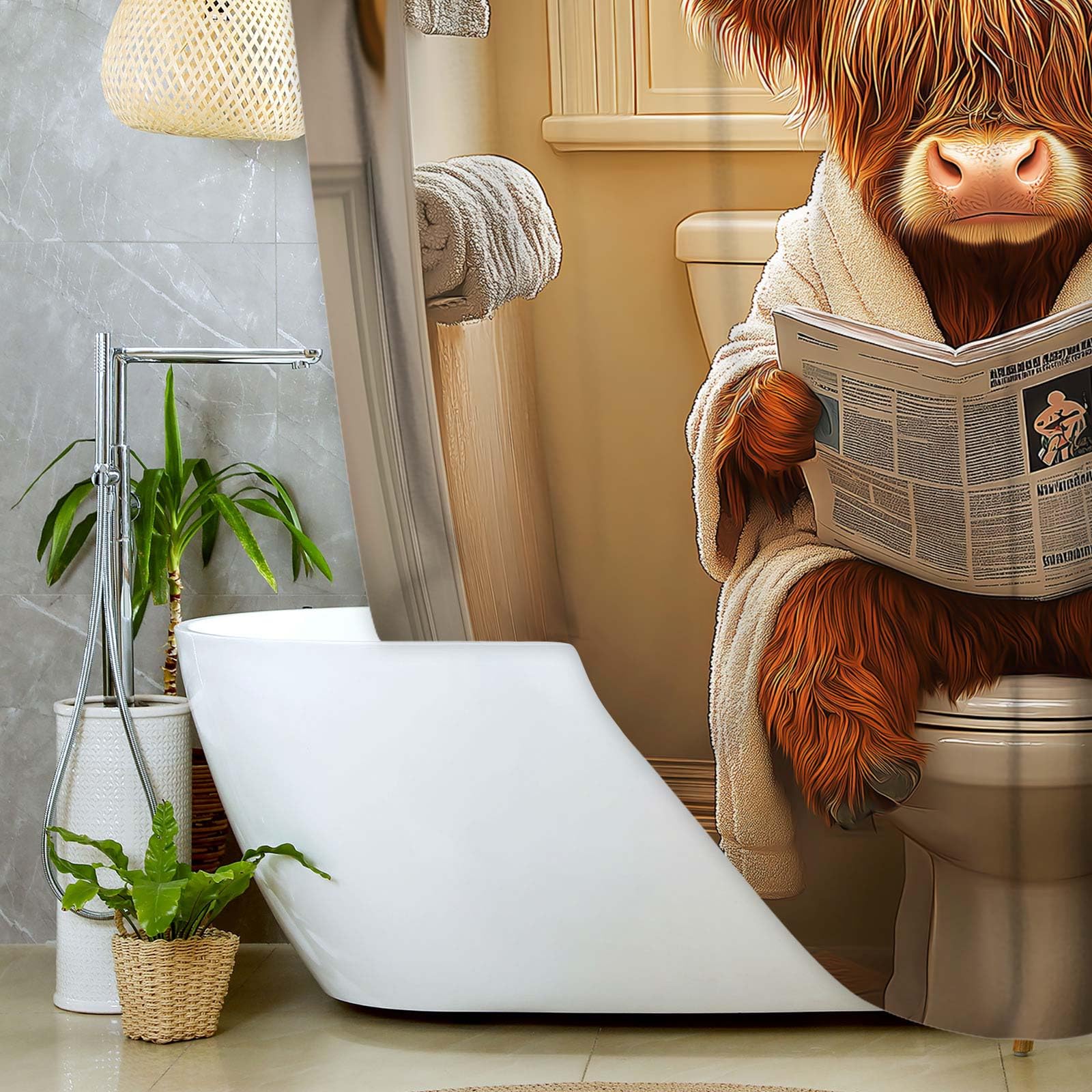JAWO Divertida Cortina de Ducha de Vaca de Las Tierras Altas, Lindo Albornoz de Animales Sentado en el Inodoro, Cortina de baño de periódico, Tela de poliéster Impermeable, decoración de Granja Humor