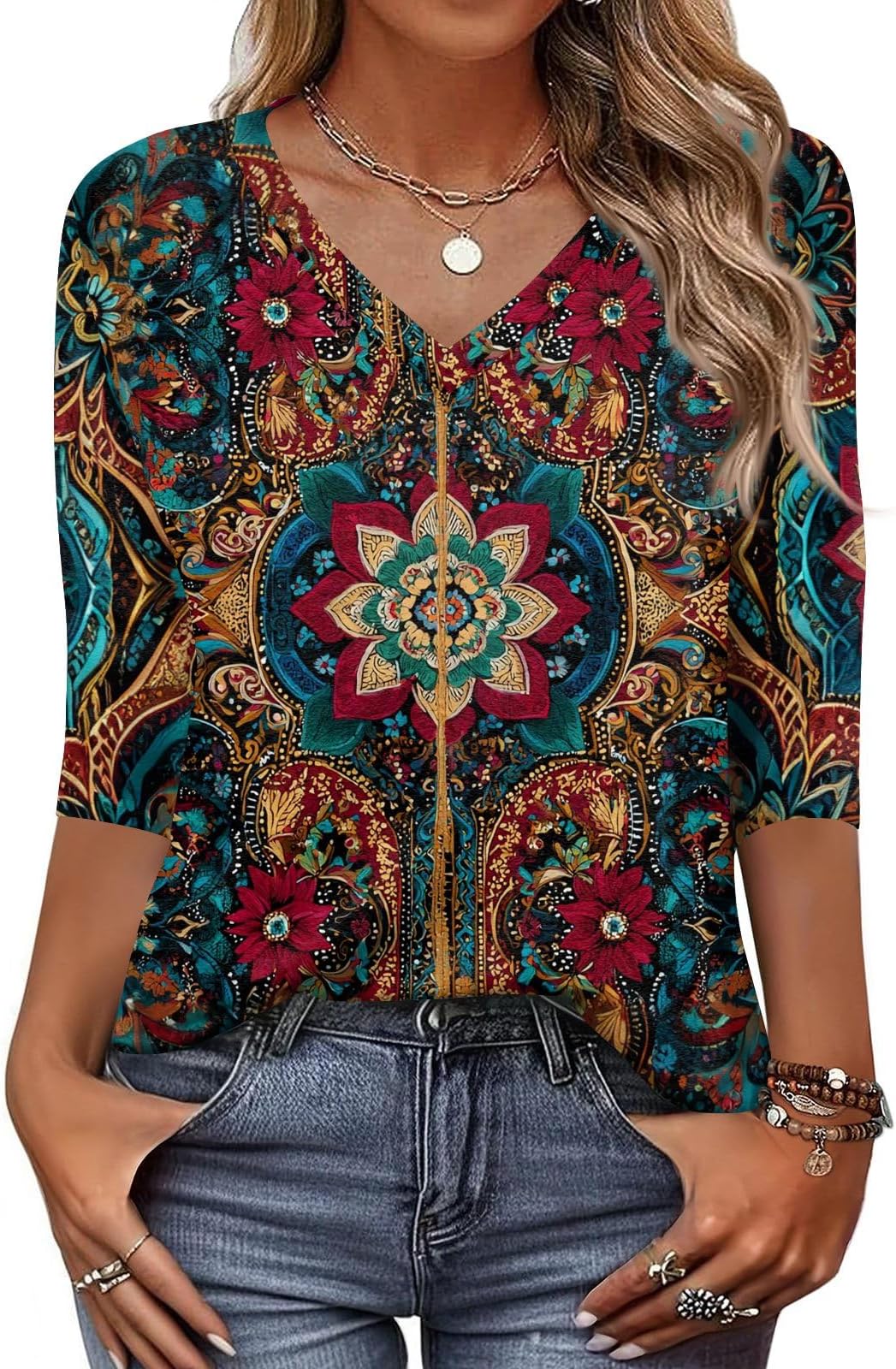 Shirt Womens Winter 3/4 Sleeve Dressy Shirts 3/4 Length Sleeve Fall V Neck Tops Casual Checkered Loose Blouses Vintage