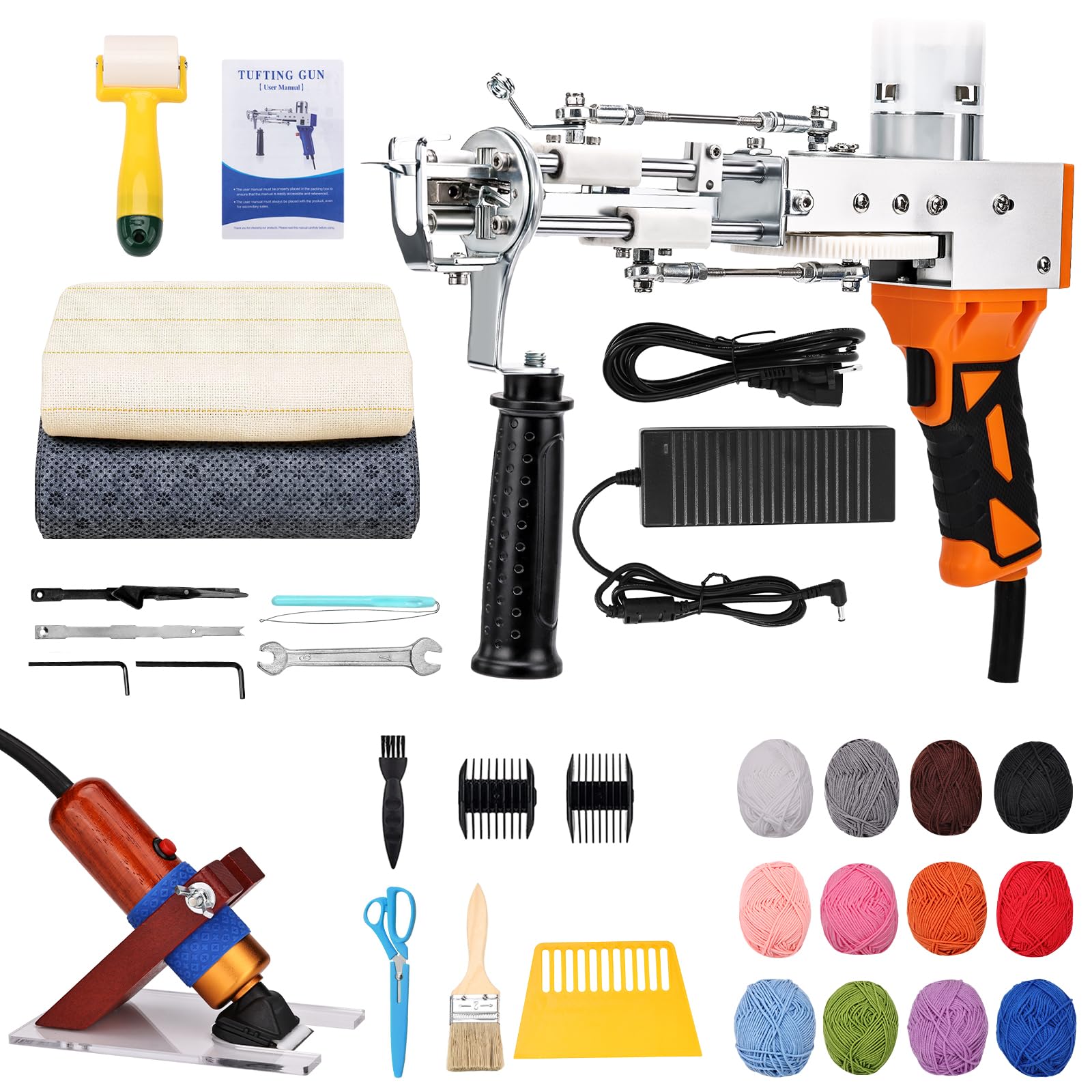 ZOWWFAST Rug Tufting Gun Kit with Carpet Trimmer Kit, Anti-Slip Rug Gun with Digtial Speed Display,Tufting Machine with Tufting Cloth|Yarn |KitRoller|Brush|Scraper |Stamper Orange