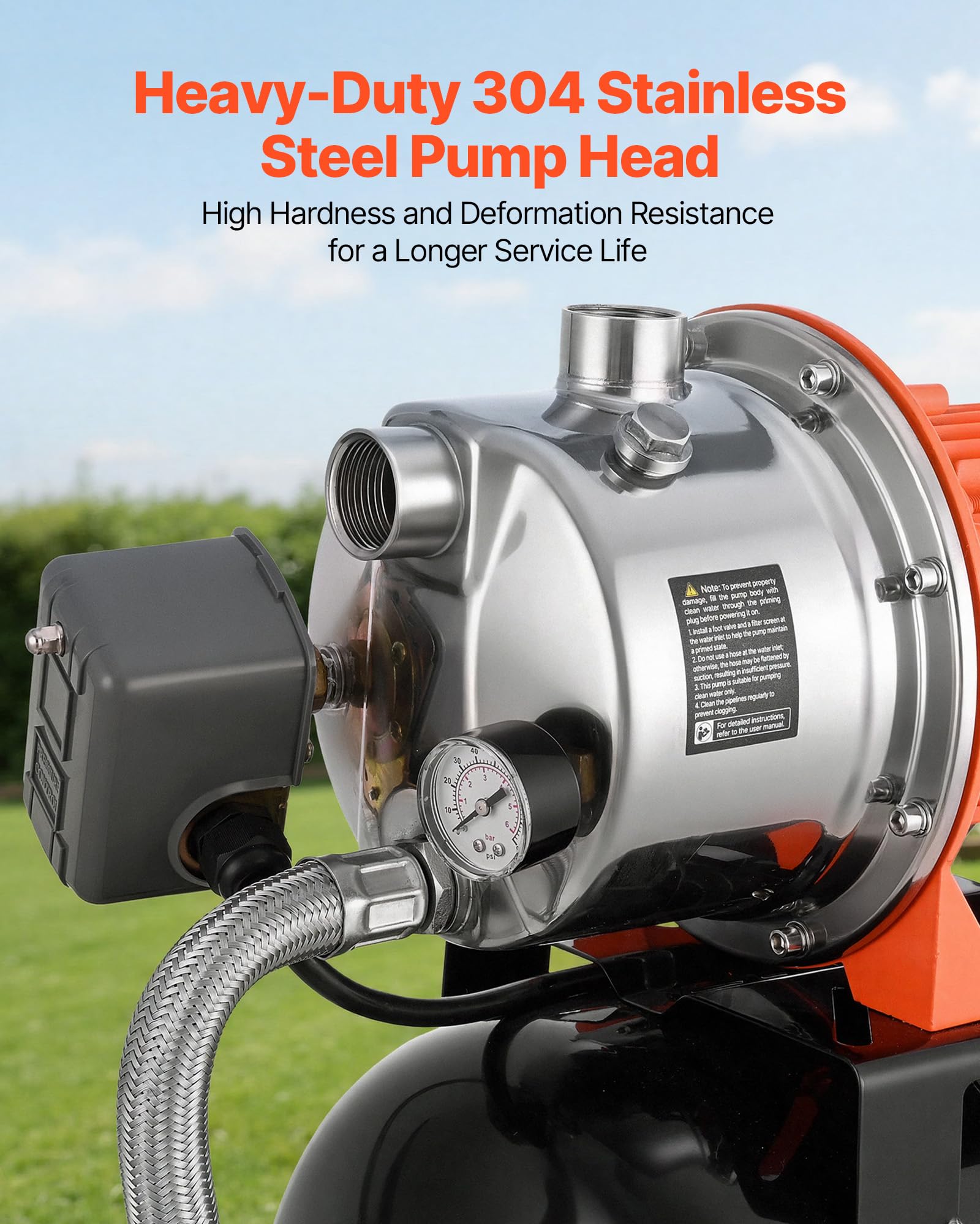 VEVOR Groupe de Surpression 1176 W 19 L Pompe avec Réservoir de Pression | Pour Puits Peu Profonds Jardin et Pelouse, 5000 L/h, Tête de Pompe Acier Inox, avec Surpresseur Auto, Pressostat 1,4-2,8 bar