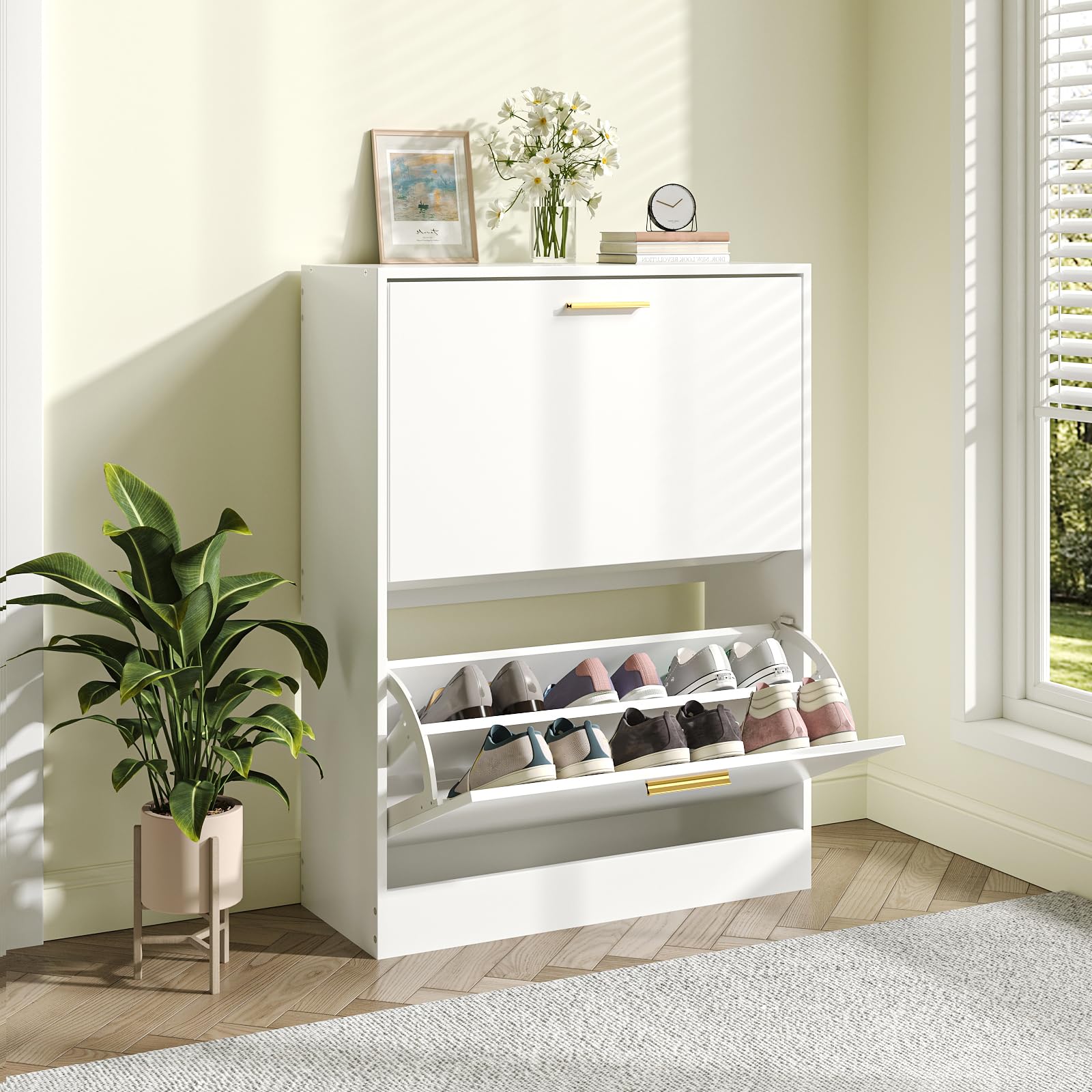 JOZZBY Shoe Cabinet Storage for Entryway, Freestanding Narrow Slim Shoe Organizer Cabinet with 2 Flip Drawers, Wooden Shoe Rack for Hallway, Living Room, White