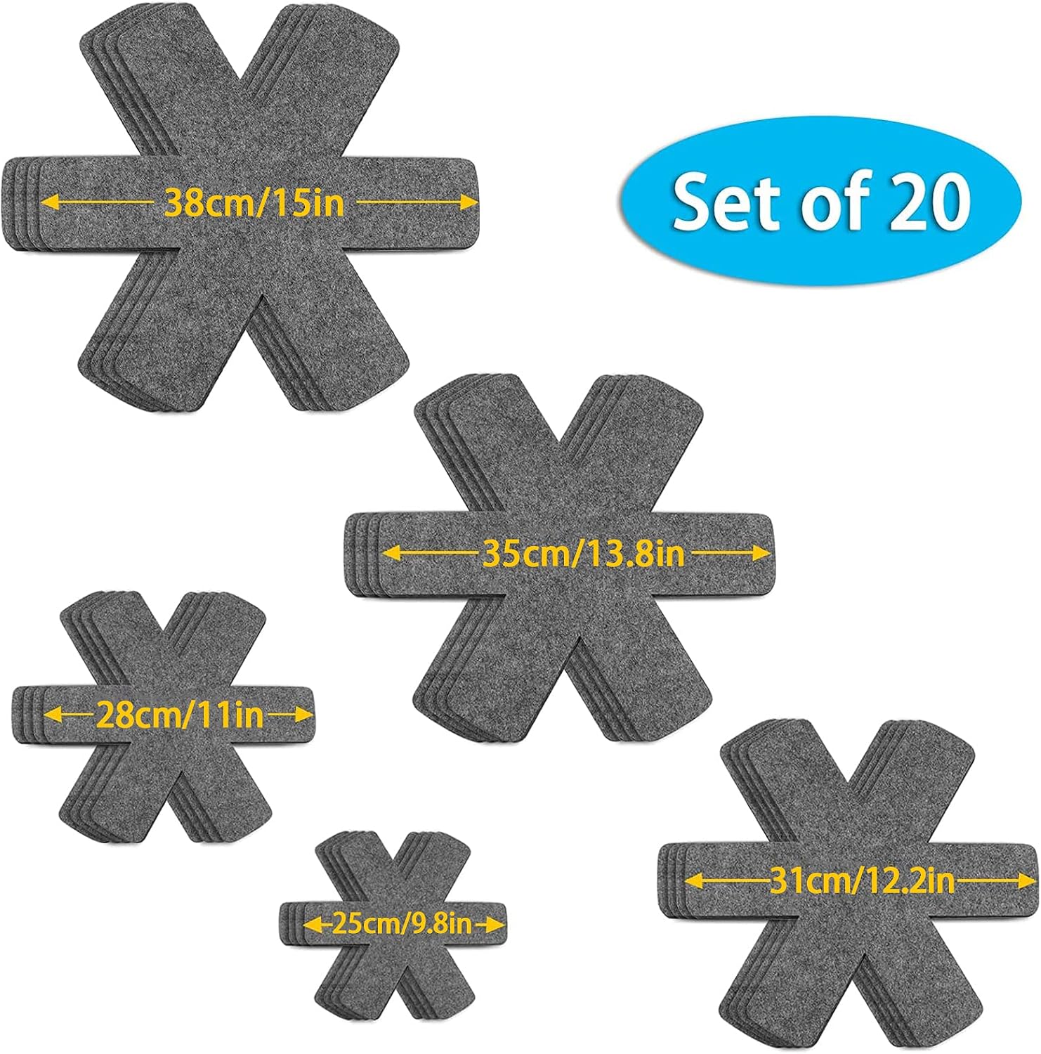 Pan and Pot Protectors for Stacking Cookware Dividers Pads Separators Pads,Set of 20 and 5 Different Sizes (15"14"12"11"10")