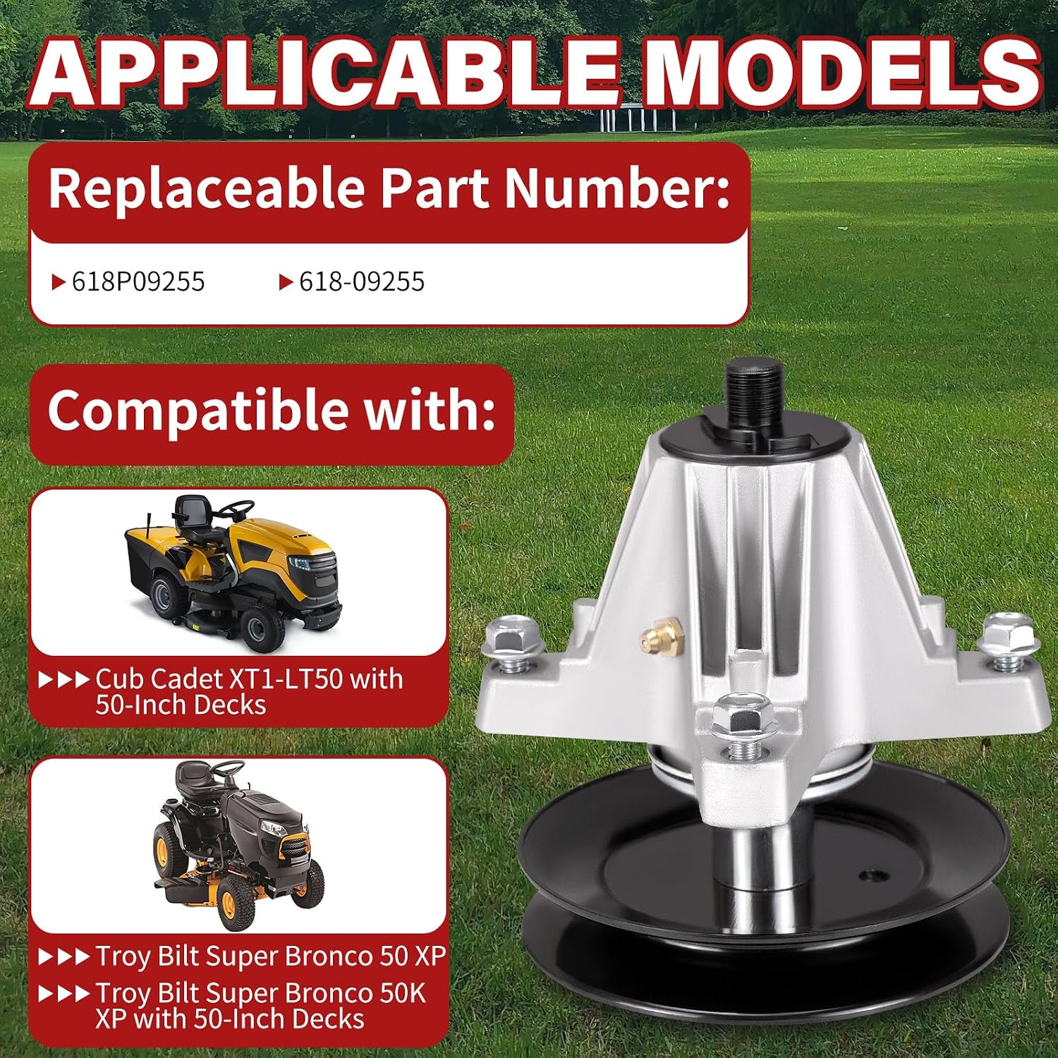 618P09255 Lawn Mower Spindle Fits for Cub Cadet Troy Bilt XT1-LT50 Super Bronco 50 XP 50K XP with 50 inch Decks Spindle Assembly Replace# 618-09255
