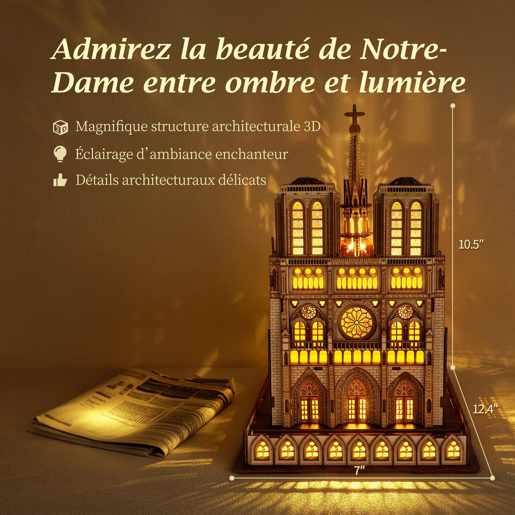 FUNPOLA Puzzle 3D en Bois LED Notre Dame de Paris – Modèle Architectural Lumineux