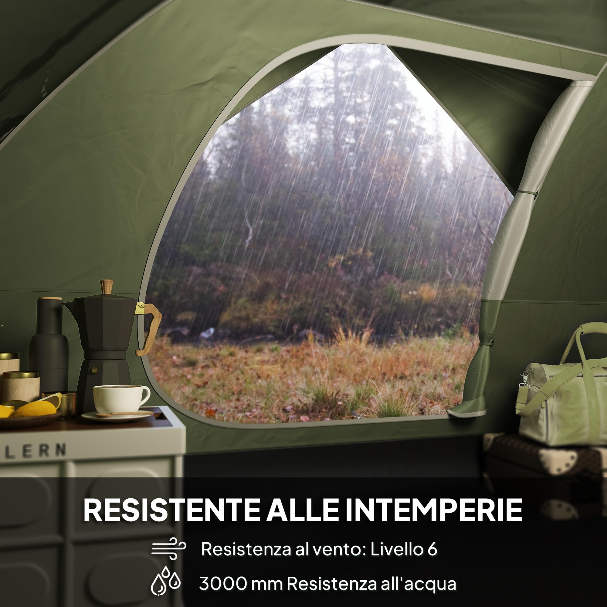 Outsunny Tenda da Campeggio Famigliare per 3 Persone Impermeabile 3000mm Tenda da Trekking a Cupola con Porta di Ricarica, Tasche, Gancio per Lanterna e Borsa da Trasporto Verde