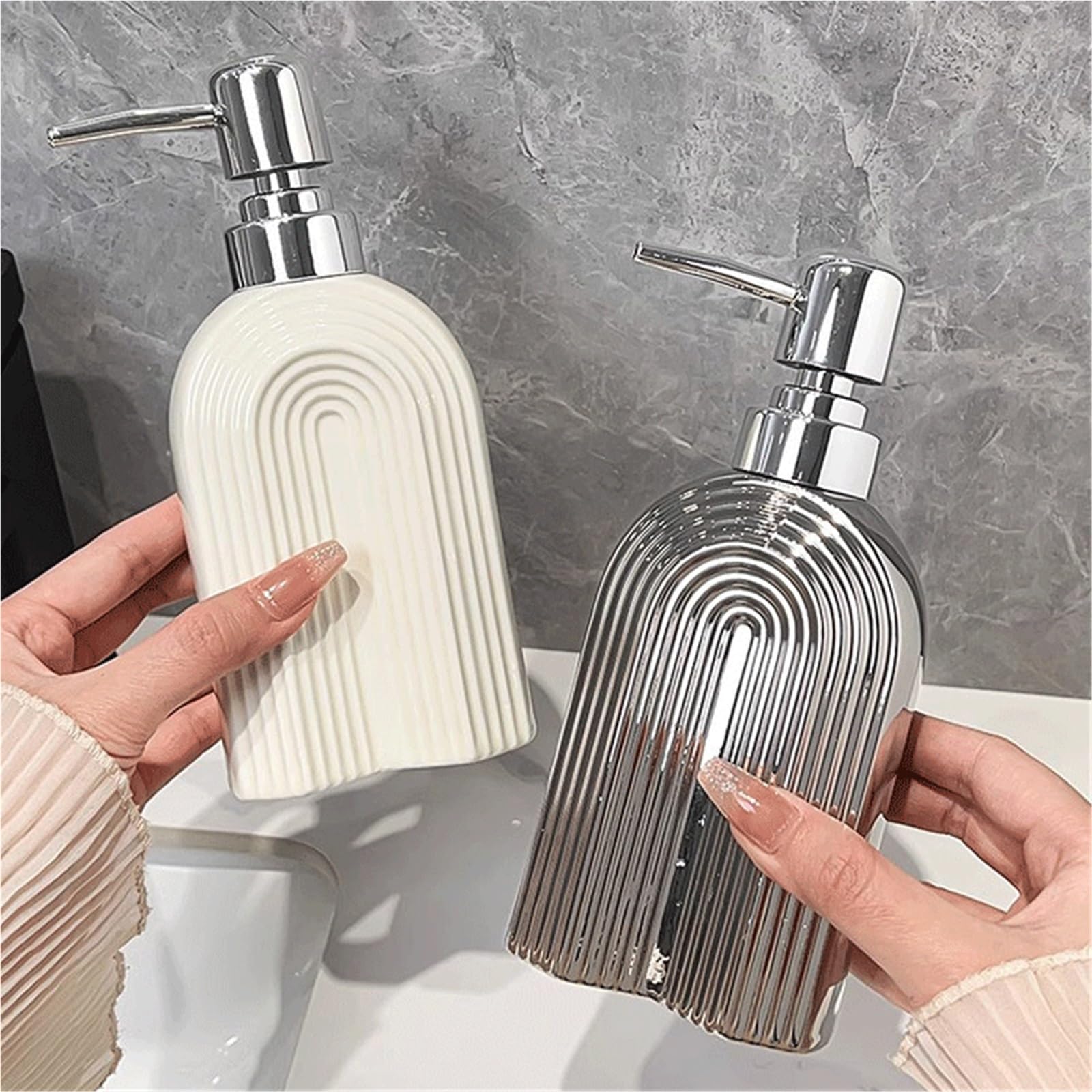 Dispensador de Jabón Botellas de loción, dispensadores jabón Manos y Botellas Gel Ducha cerámica Estilo Lujoso Dosificador de líquido | Silver