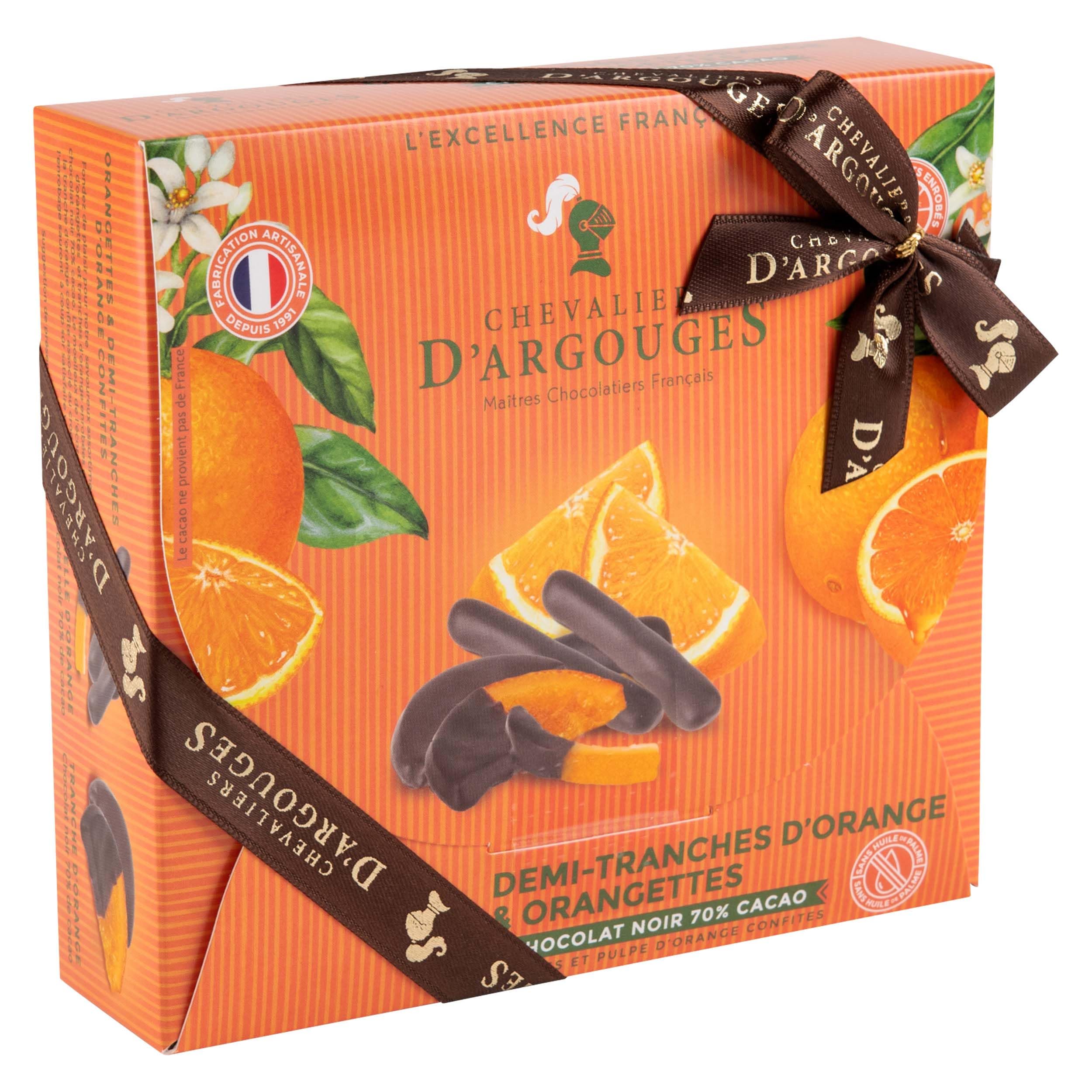 CHEVALIERS D'ARGOUGES Maîtres Chocolatiers Français - Assortiment orangettes et tranches d'oranges enrobées chocolat noir 70% - Coffret cadeau 170g