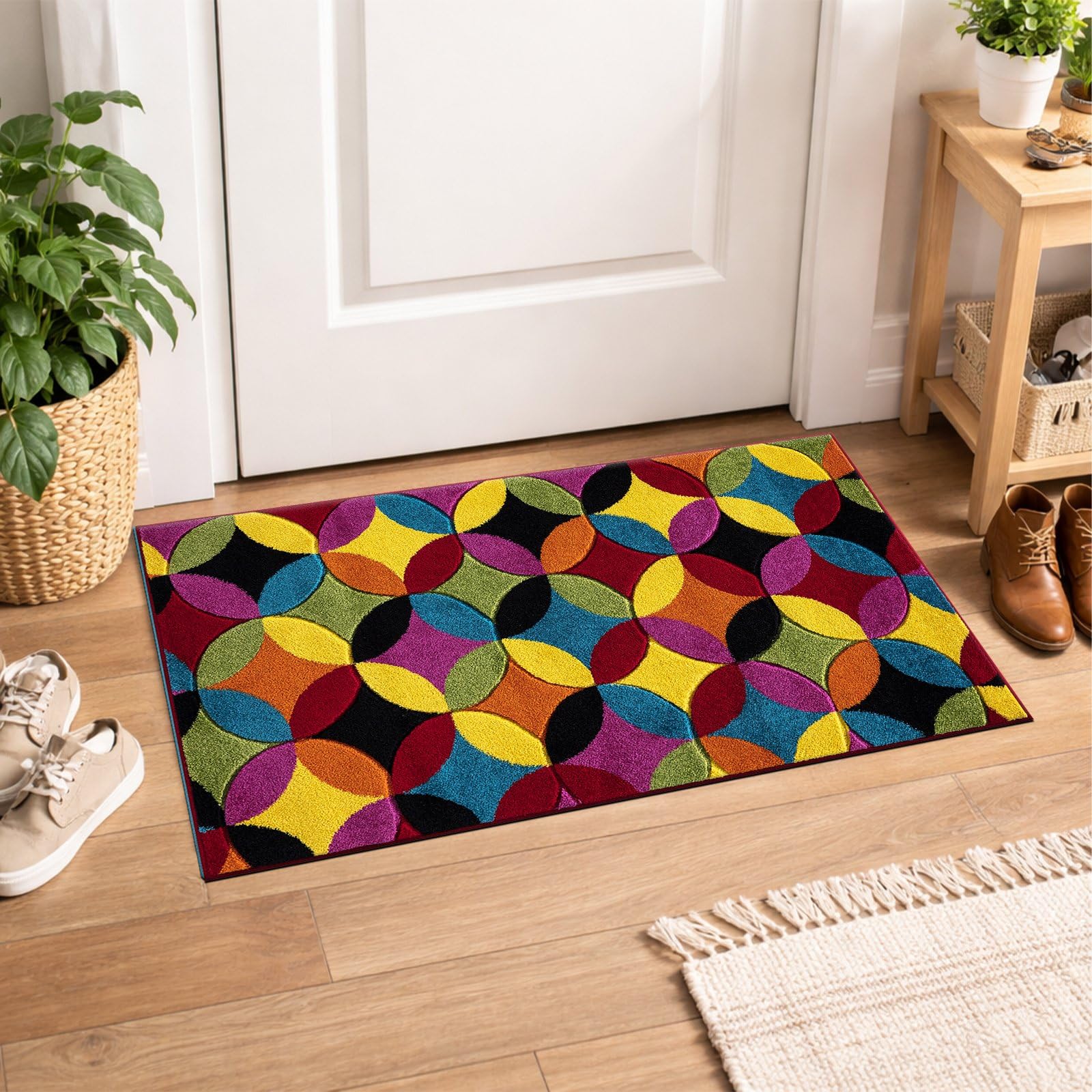 cozily® Medium Pile Colourful Door Mat Large, Kitchen Floor Mats Multi Rug - 60 x 110 cm, Circle Bright - Washable Doormat Indoor Rug for Entrance & Welcome Mat
