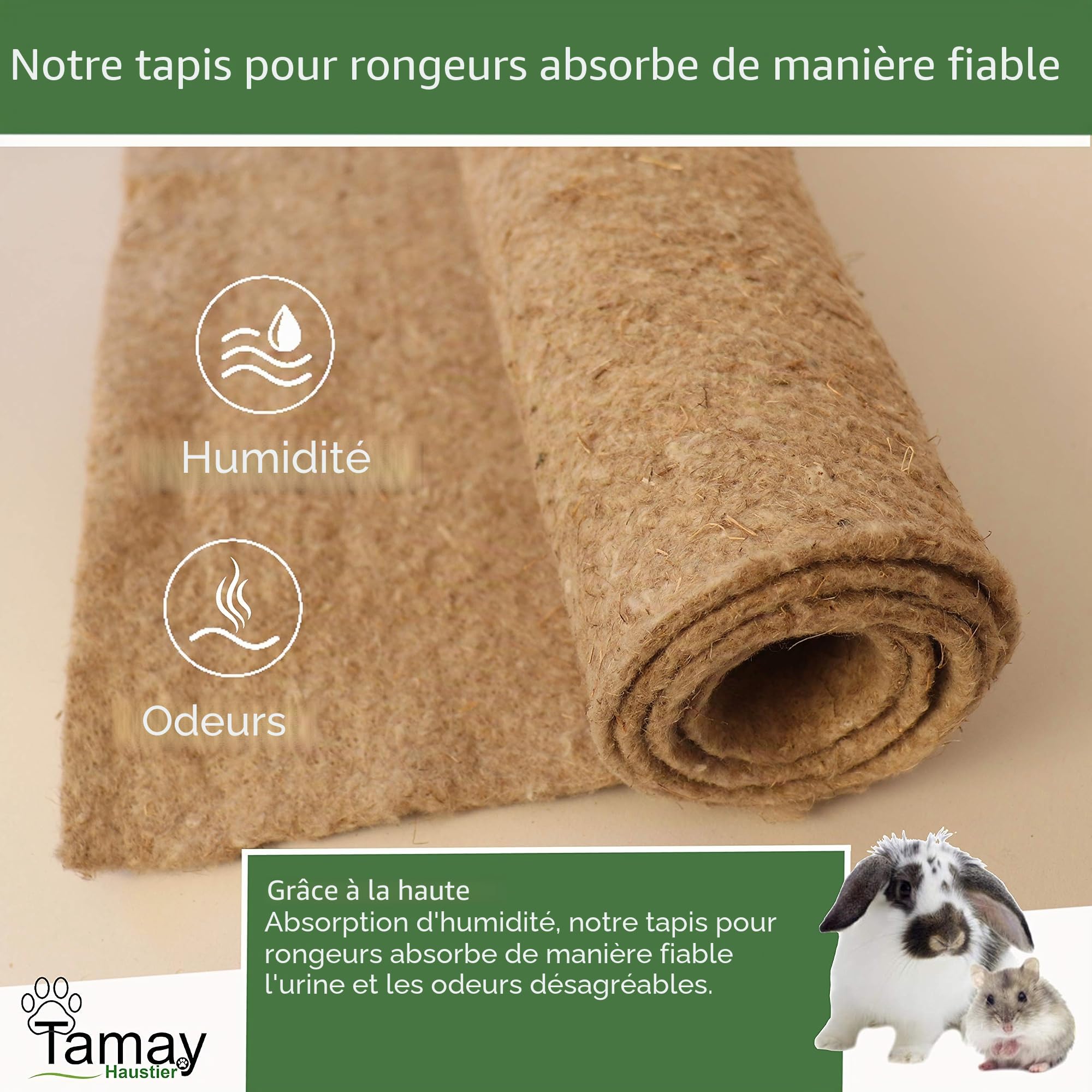 Tamay Tapis pour rongeurs en 100% chanvre, 100 x 50 cm | Tapis de cage premium sans poussière pour lapins, cochons d'Inde, petits animaux – Tapis naturel en chanvre pour rongeurs (lot de 2)