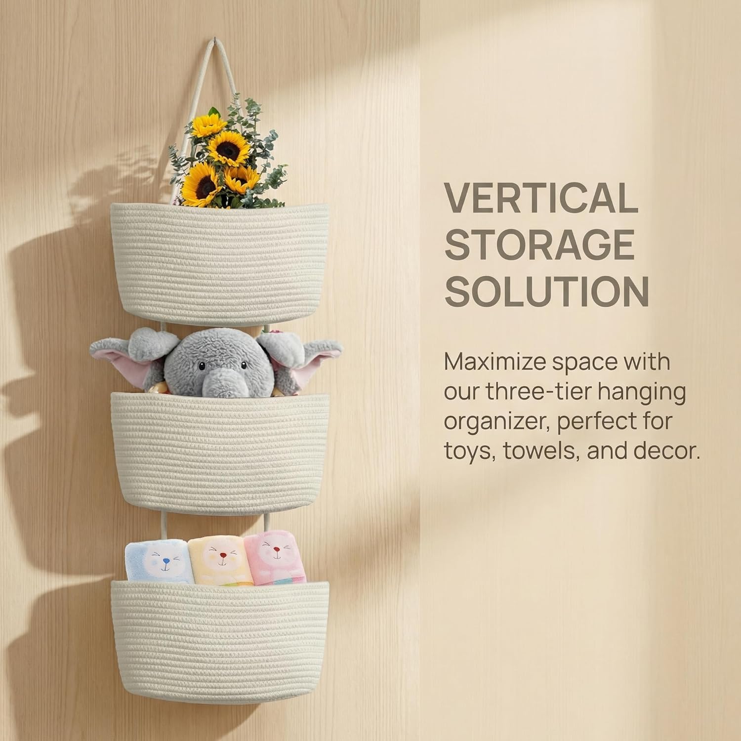 Hanging Baskets for Organizing,Over the Door Organizers and Storage,3-Tier Woven Cotton Wall-Mounted Storage Organizer Bag Decorative,Kitchen,Living Room,Bathroom,Bedroom,White