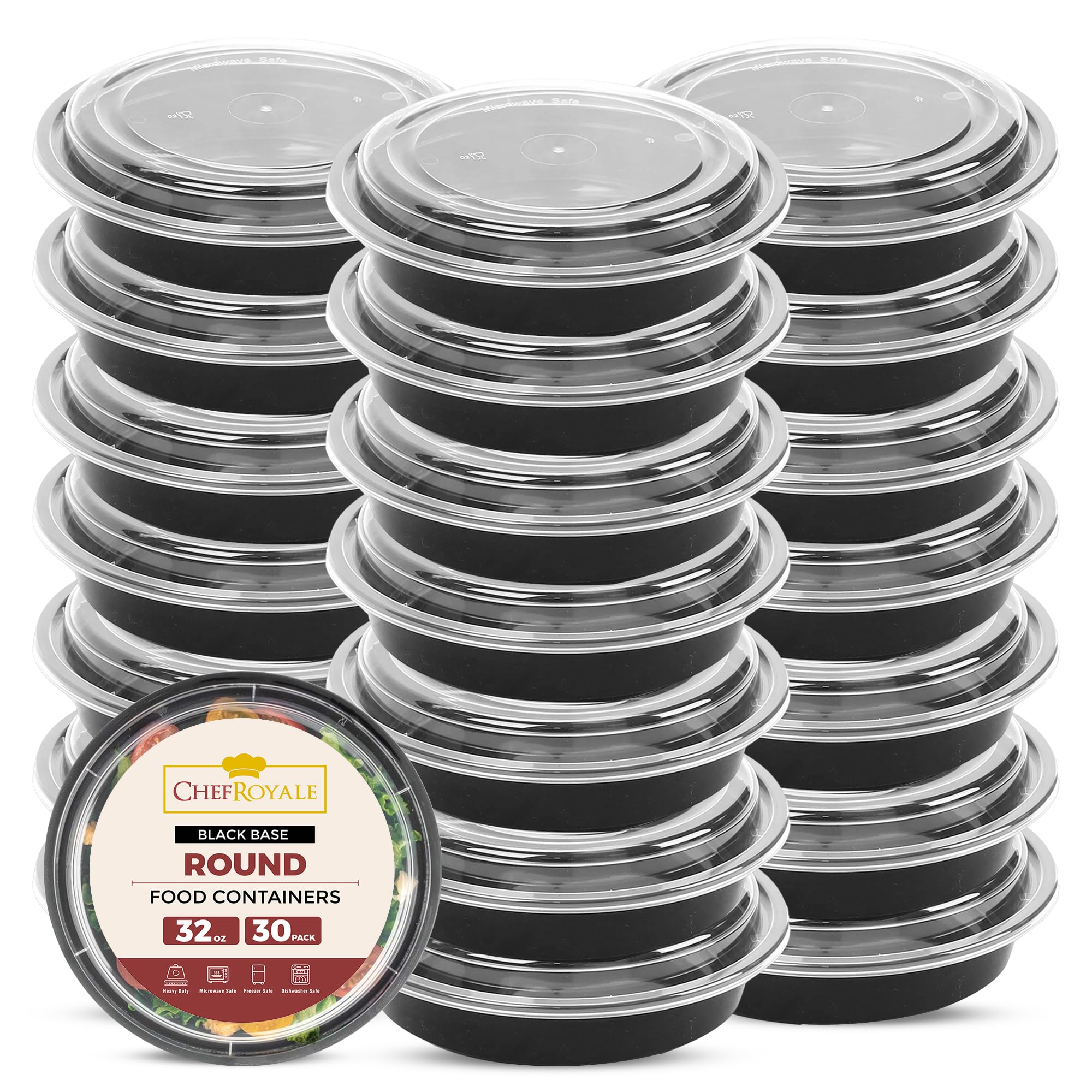 CHEF ROYALE 30x 32oz Round Meal Prep Containers with Lids Reusable Food Containers with Airtight Lids - Microwave & Dishwasher Safe - BPA Free Stackable Lunch Boxes (30, 32oz)
