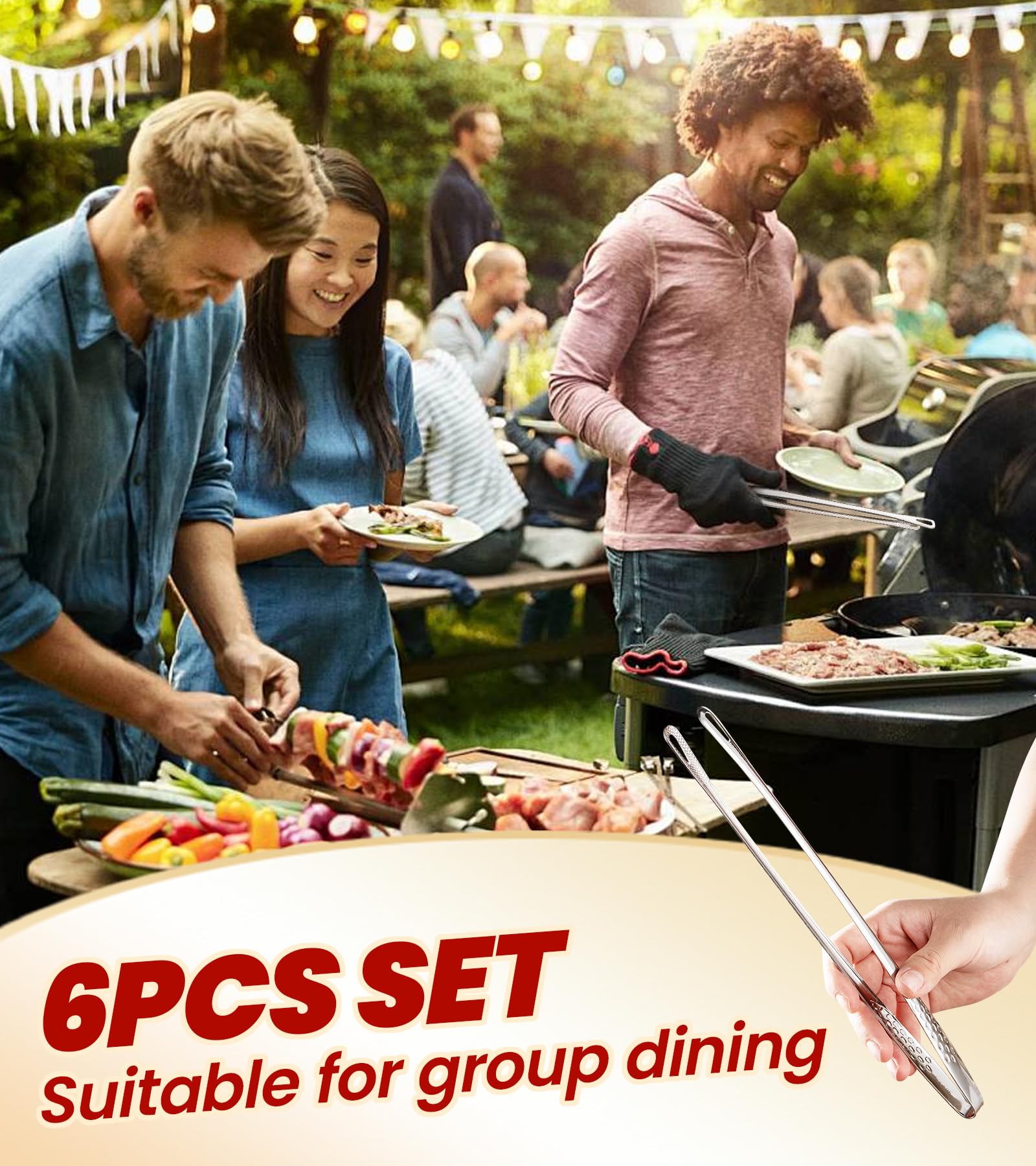 Ugotit Korean BBQ Zange Grillzange Edelstahl Set, 6 Stück | Grillzangen 28 cm mit Abtropflöchern & rutschfestem Griff, spülmaschinengeeignet, für Hot Pot, Tischgrill und Outdoor-Grillen