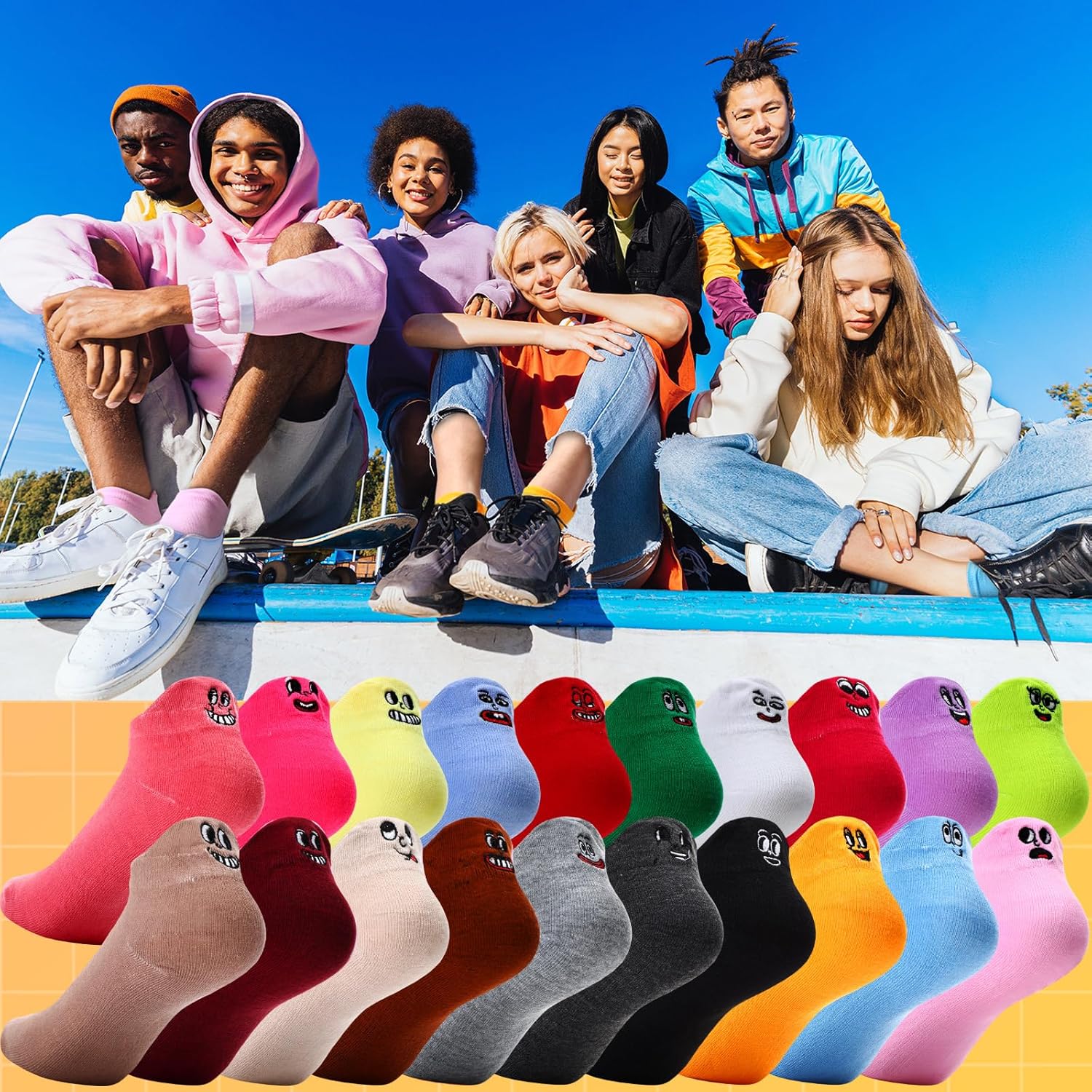 20 Pack Crazy Funny Emotion Ankle Socks Kawaii Happy Face Embroidered Cute Cotton Low Cut Socks for Women