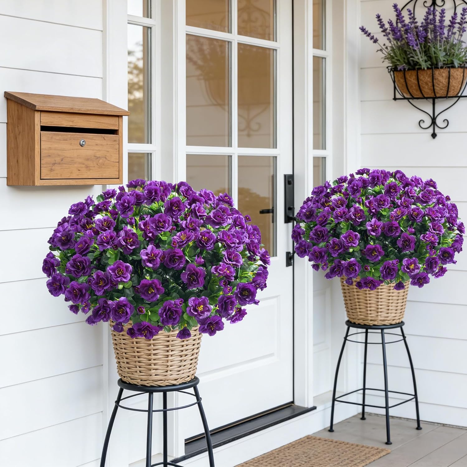 Artificial Faux Outdoor Flowers Plants for Spring Summer Decoration, Fake Silk Camellia UV Resistant Look Real for Planter Outside Front Door Porch Patio Balcony, 3 Large Bundles (Dark Purple)