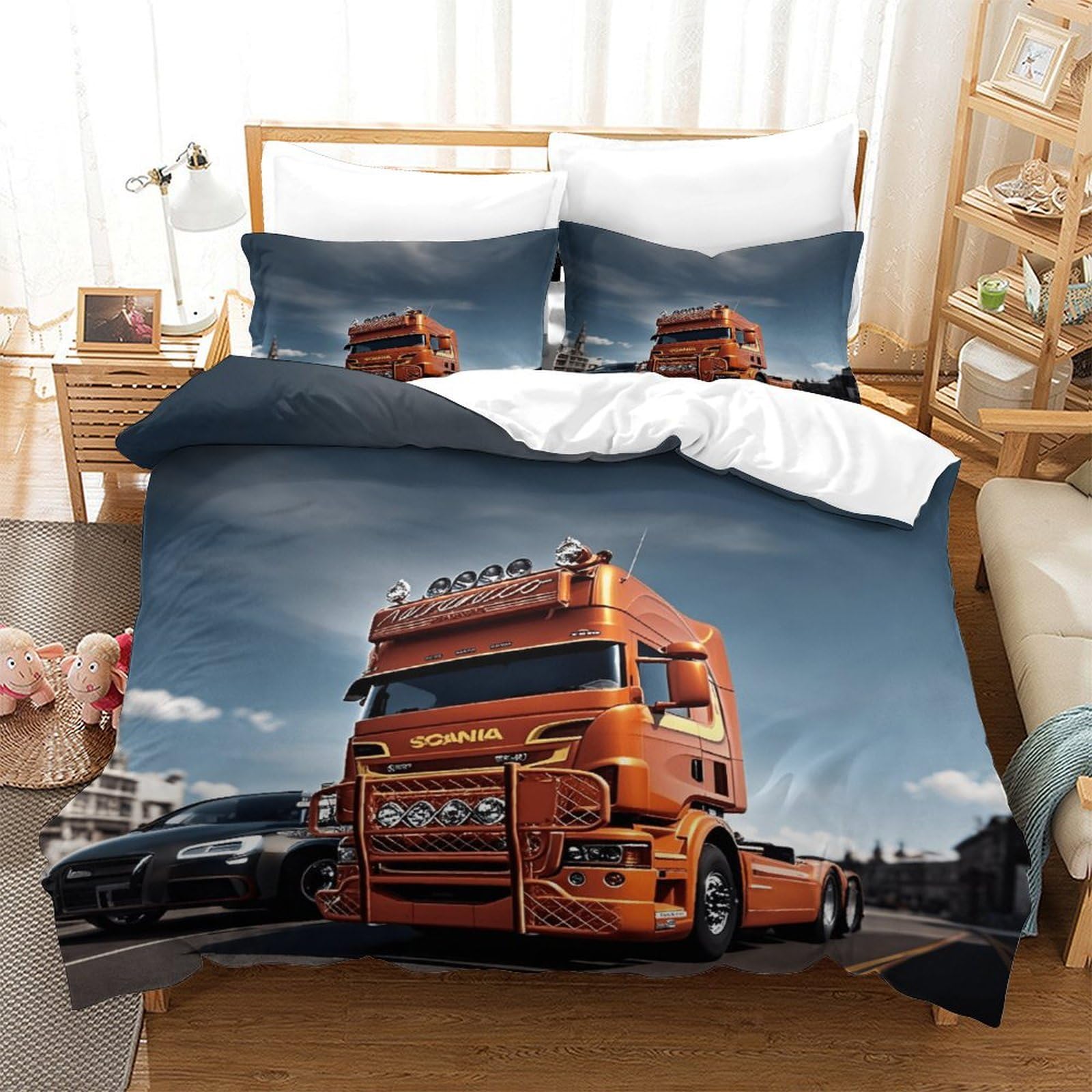 XiaopangXY Lorry Breathable Duvet Cover Set Hidden Zipper Truck Quilt Cover Set with Pillowcases Bedding Set Soft Microfiber Nice-looking Comforter Cover Set Double（200x200cm）