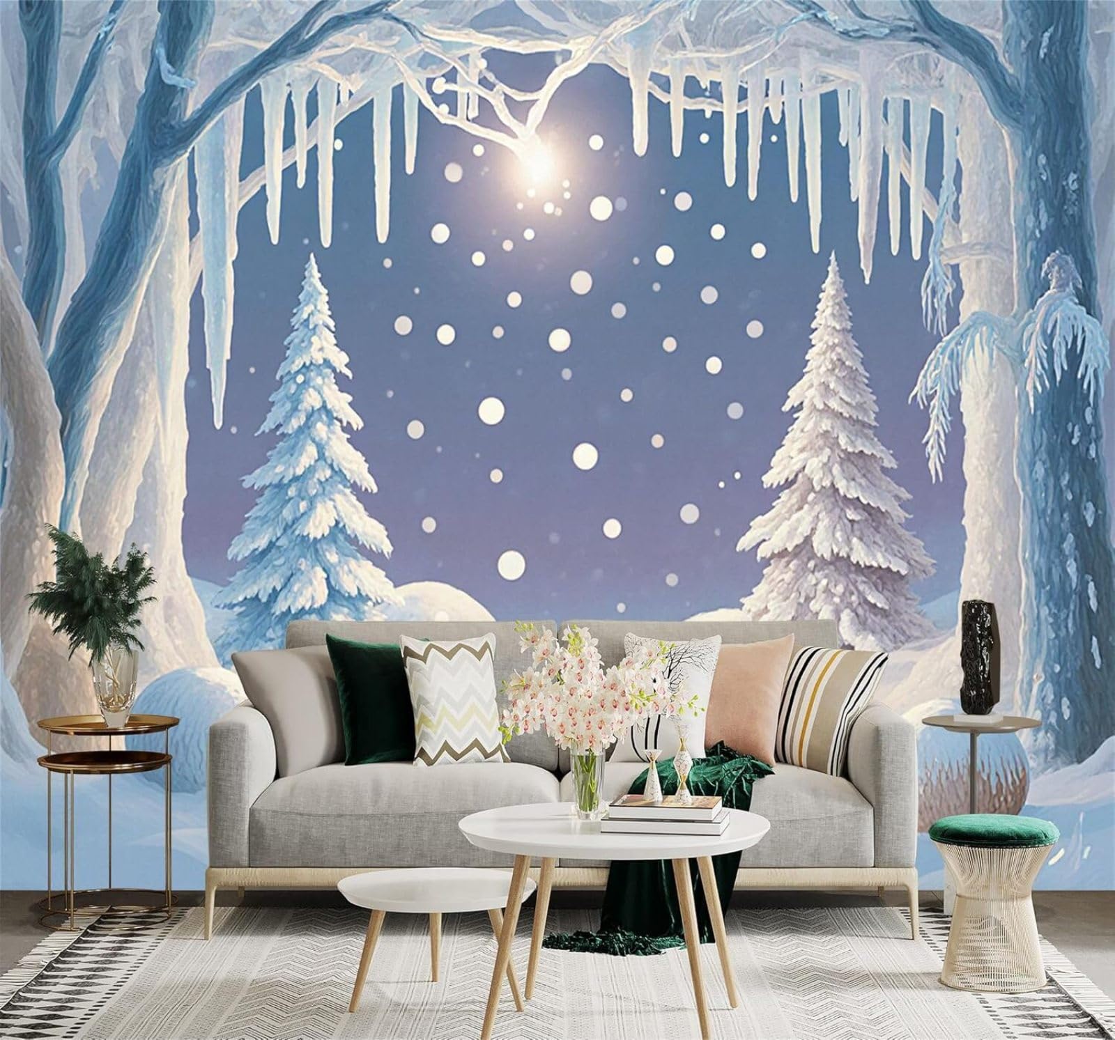 XLMING Winter Forest Snowflakes Frozen Trees Icicles 3D Wallpaper Silky Texture Home Study Office Grey Dining Room Sofa Bedroom Living Room TV Backdrop-200cm×140cm
