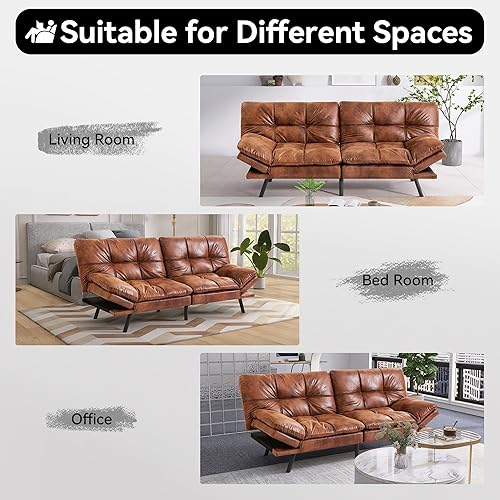 Miniatura 61 de Vyfipt Sofá cama tipo futón, sofá pequeño de espuma viscoelástica de piel sintética para sala de estar, sofá biplaza moderno con reposabrazos Negro