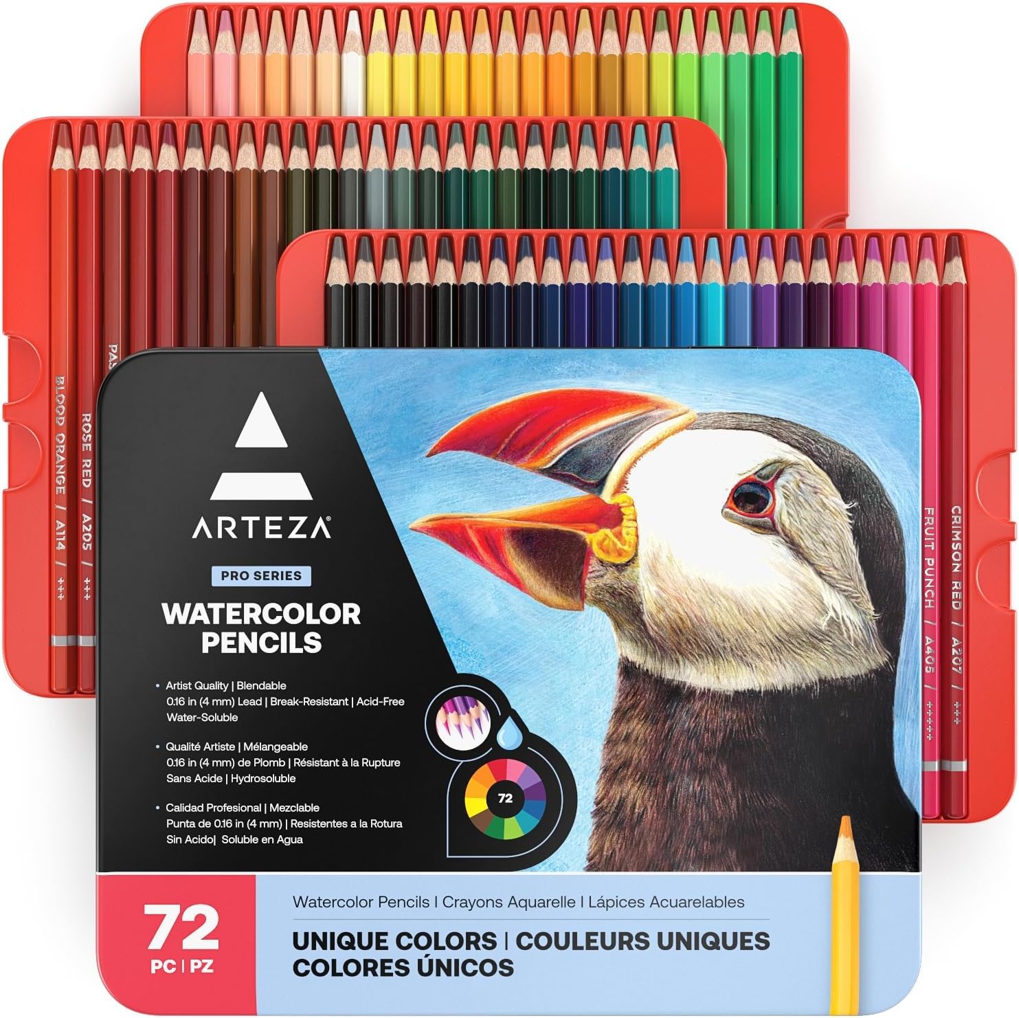Arteza Watercolor Pencils, 72 Colored Drawing Pencils for Artists, Water Color Pencils in Tin Box, Art Supplies for Coloring, Blending and Layering