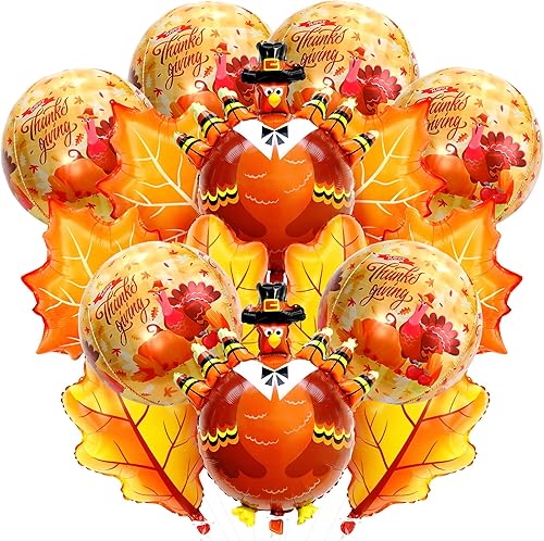 KatchOn, Globos grandes de hojas de otoño y pavo  Paquete de 16  Globos de pavo de Acción de Gracias, globos de Mylar de Acción de Gracias Turquía