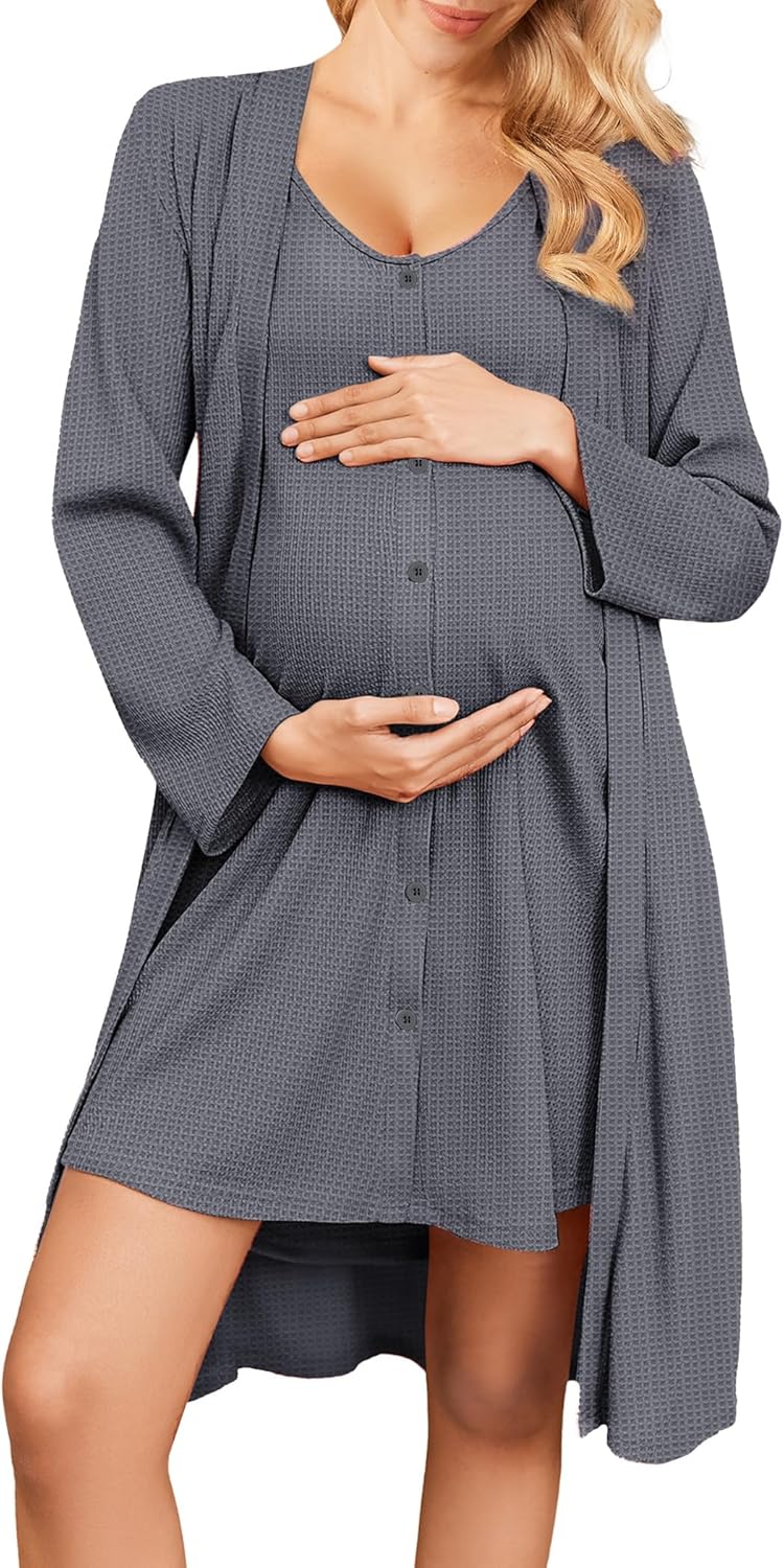 Ekouaer Maternity Nursing Gown and Robe Set 2 Piece Waffle Breastfeeding Nightgown 3 in 1 Labor and Delivery Hospital Gown