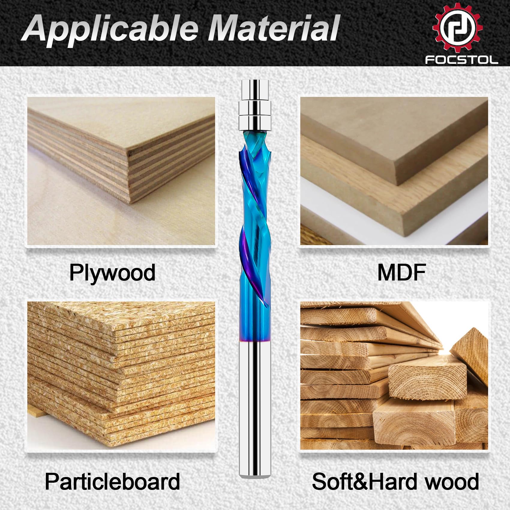 FOCSTOL Fresa Compresión Espiral para Madera 6,35mm - Fresa Carburo Helicoidal con Rodamiento Inferior para Recortar Madera