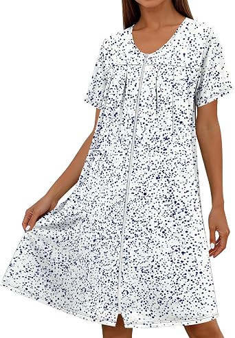 Womens Full Zip Nightgowns Short Sleeve V Neck Graphic Sleep Shirts Loose Loungewear Pajama Nightdress with Pockets