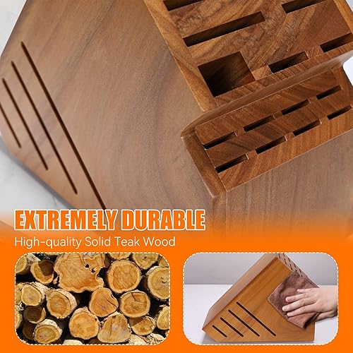 Miniatura 7 de Portacuchillos de madera de teca sin cuchillos, 20 ranuras, organizador universal grande de madera para cuchillos con ranuras anchas y soporte