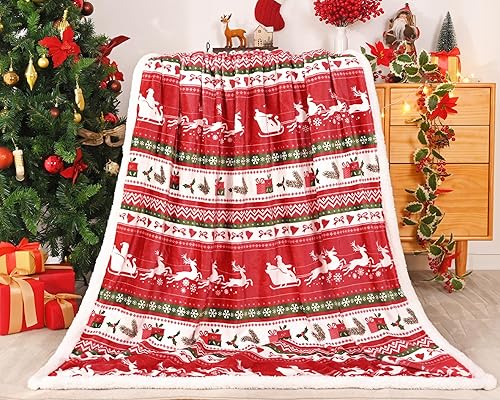 Decoraciones navideñas manta de sherpa de Navidad de 50 x 60 pulgadas, manta de Navidad de Papá Noel, suave y mullida manta blanca de Navidad para