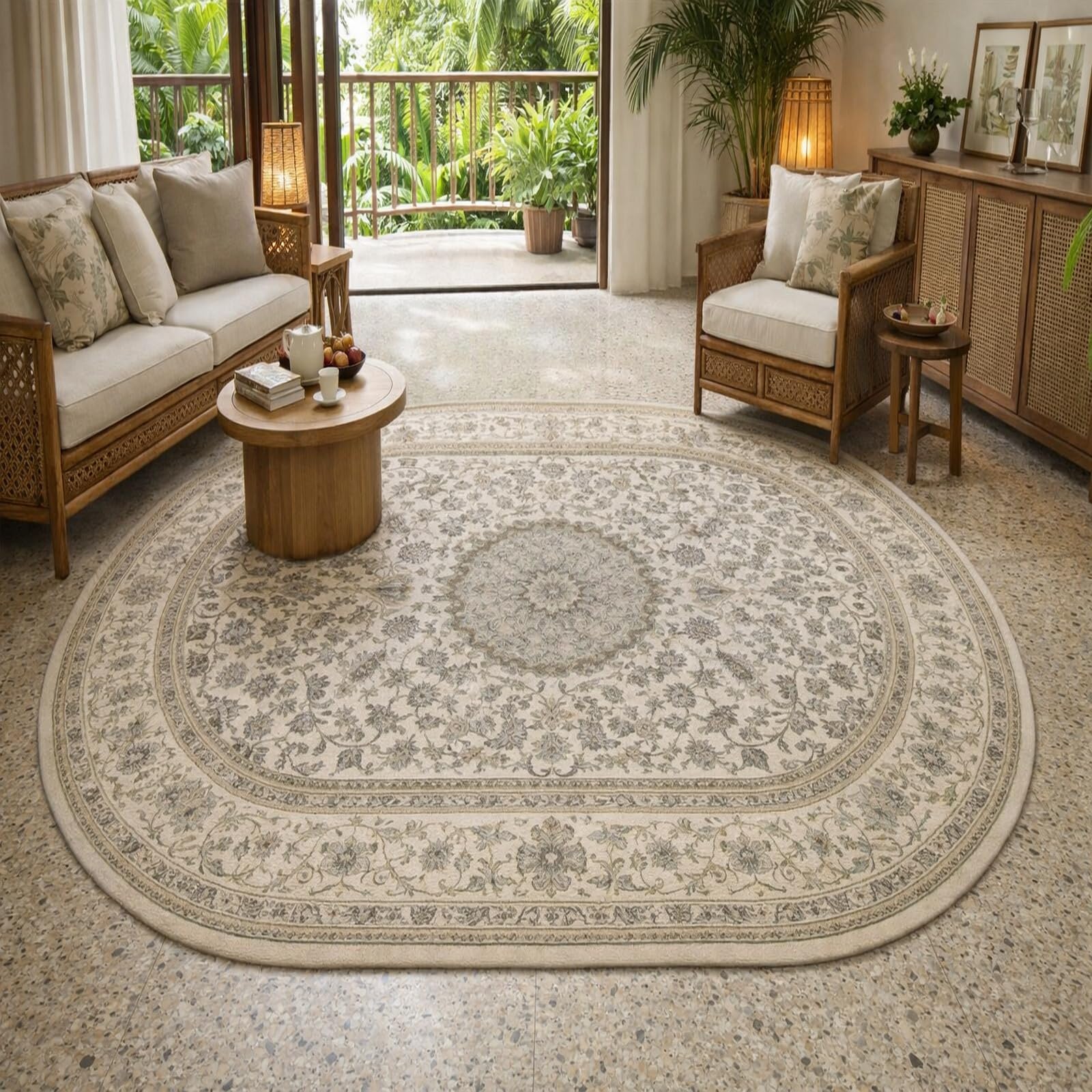 Tapis ovale lavable et antidérapant 110x160cm motif floral beige