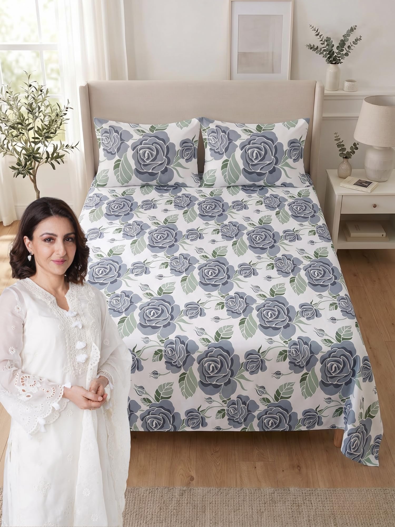 mafatlal 144 tc fern printed bed sheet for double bed 90 x 100 inches with 2 pillow covers | cotton fabric with soft touch | comfortable bedroom bedding for regular home use | pewter gray