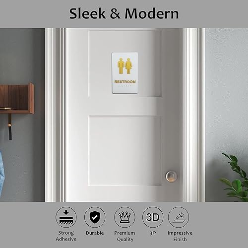 Miniatura 5 de Letrero de acrílico con acabado dorado 3D con braille, letreros de baño, inodoro, hombres, mujeres, moderno, elegante, delgado, decoración