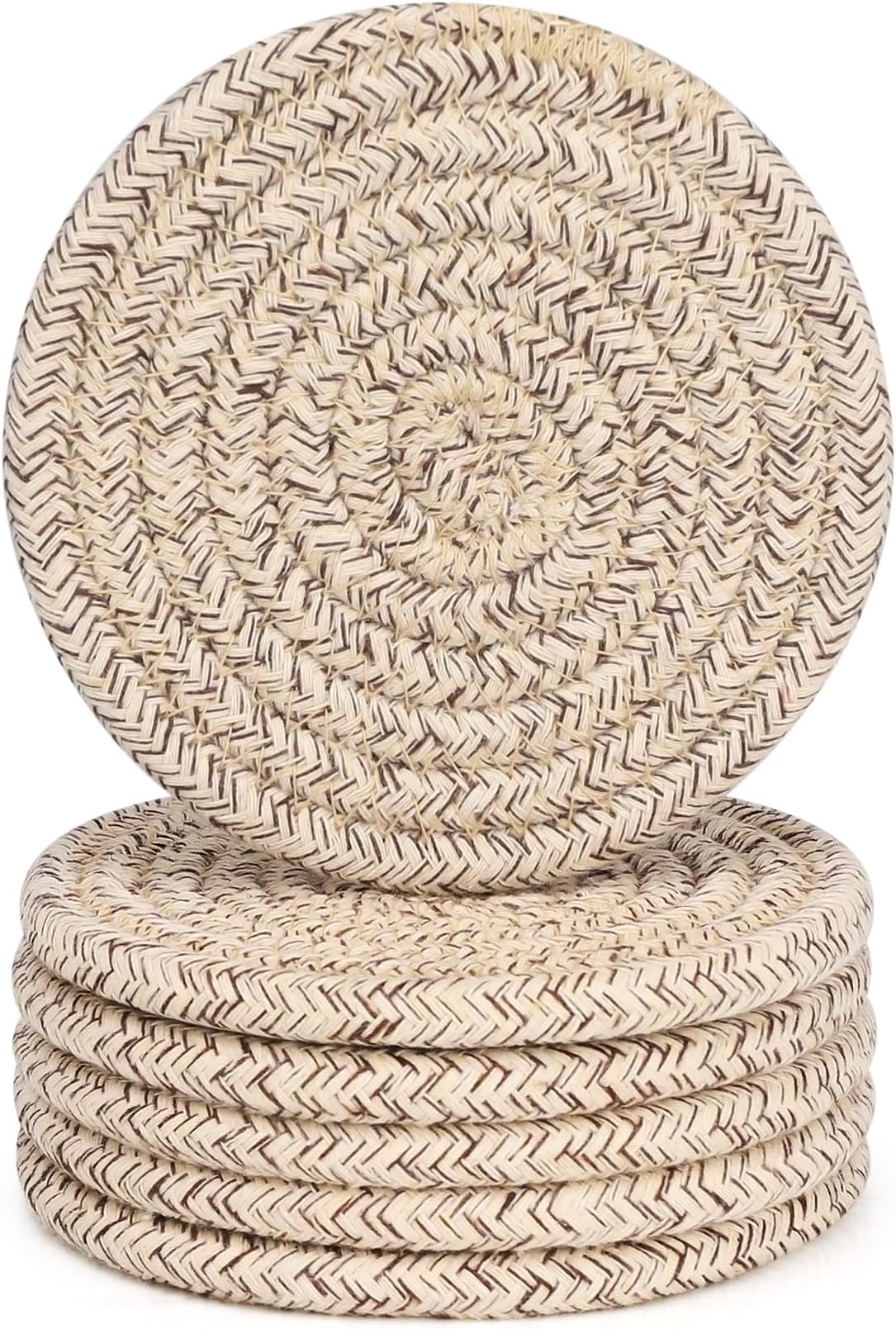 6 Pcs Coasters for Drinks,Super Absorbent Drink Coasters, Stylish Handmade Round Woven Coaster for Coffee Table Tabletop Protection Housewarming Gift for Home Decor - 4.3 Inches, Mixed Brown