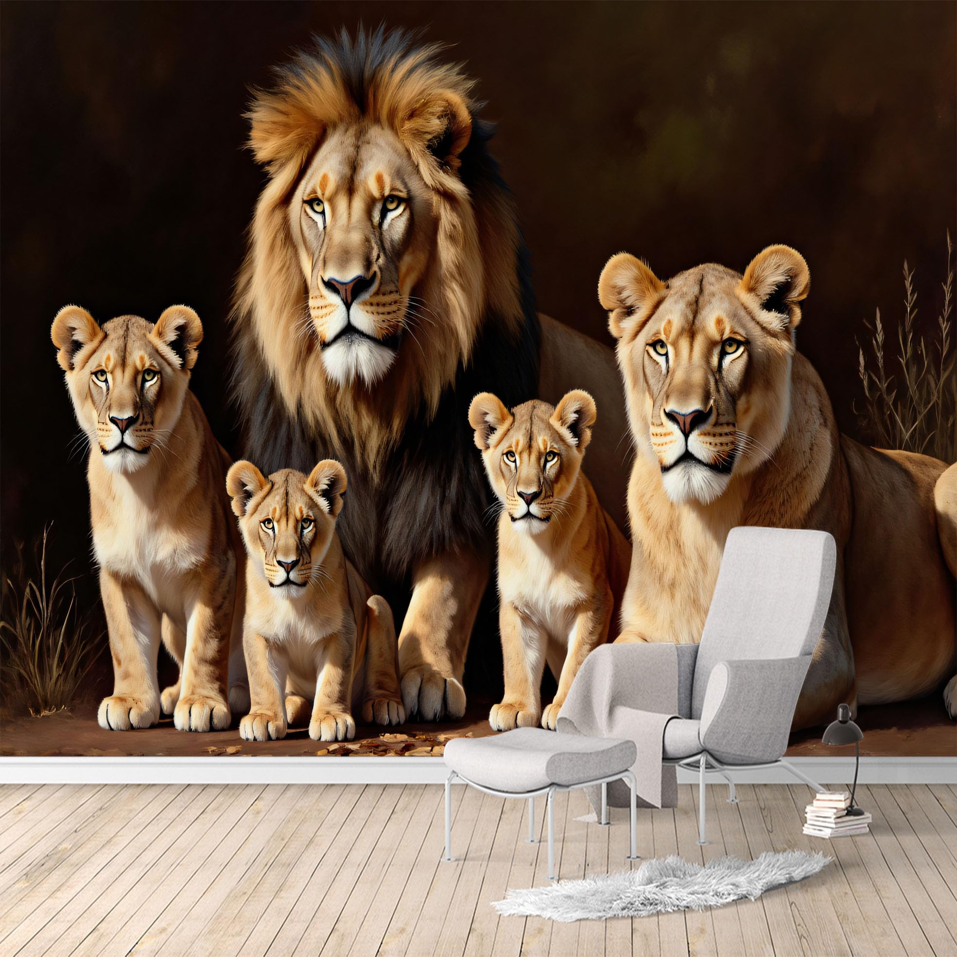 Custom Size Wall Mural,Lion Family Safari Wildlife Savannah Scene,Removable Self Adhesive Large Wallpaper Mural for Living Room Bedroom Office Home Decor