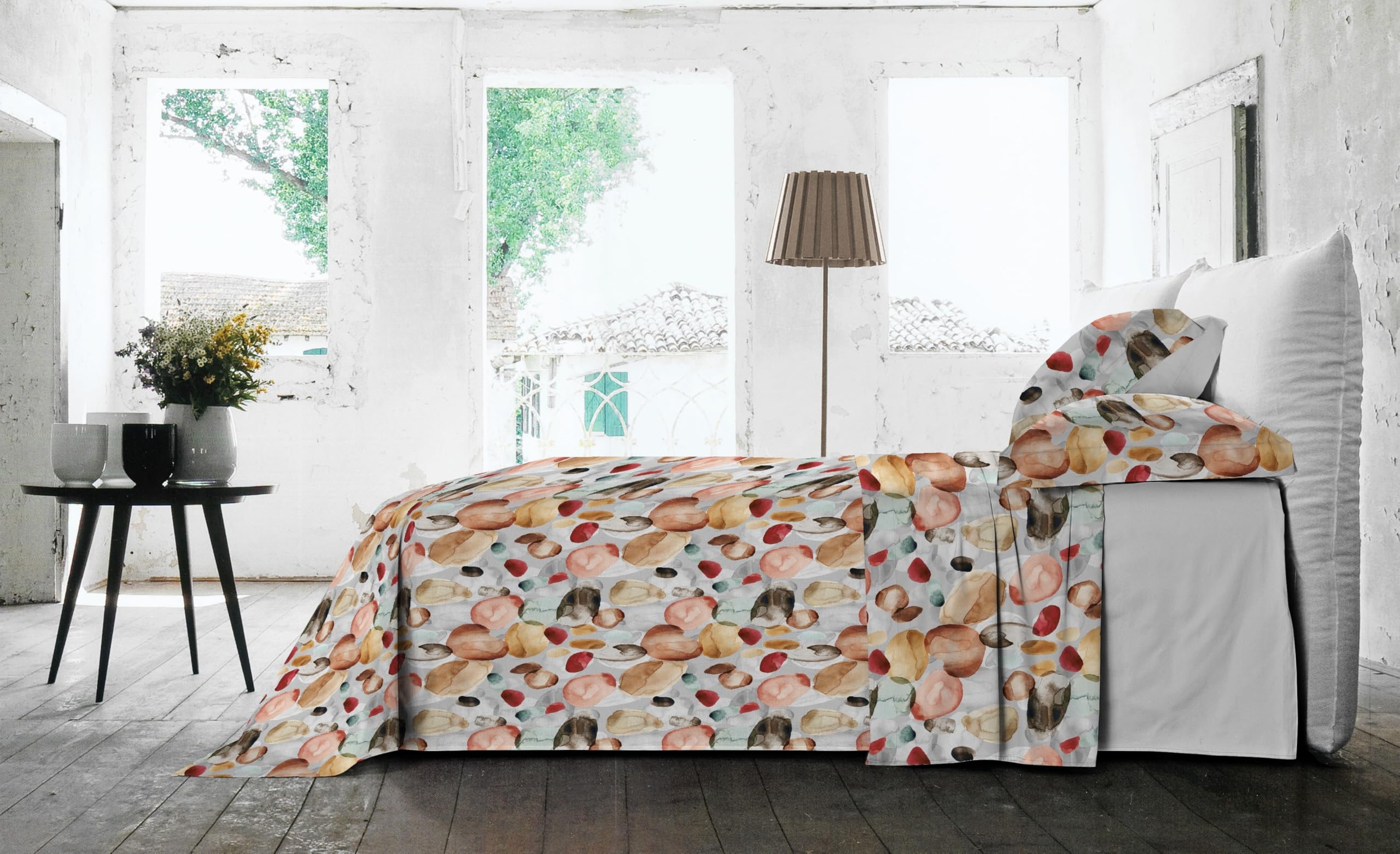Riad Arredo Juego de sábanas para cama de matrimonio, 100% algodón, percal con impresión digital, juego de sábanas de alta calidad con volante efecto colcha muy suave, artesanal, fabricado en Italia