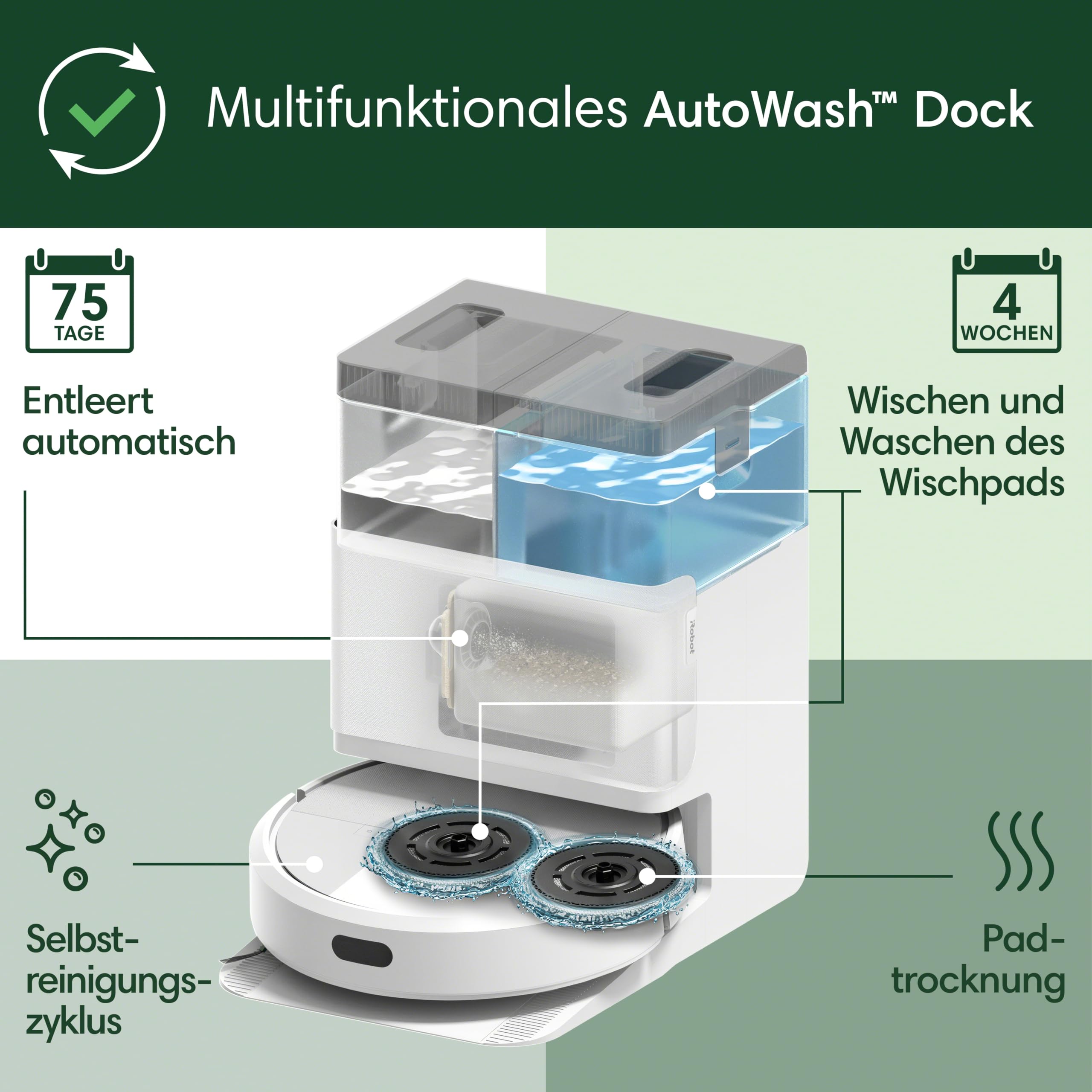 iRobot Roomba Plus 405 Combo Robot + AutoWash Dock Saugroboter mit Wischfunktion - Clearview LiDAR - 7000Pa - DualClean Wischpads - SmartScrub - Teppicherkennung - 75 Tage Entleerung - Weiß