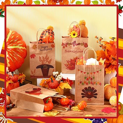 Miniatura 5 de Yeaqee 100 bolsas de regalo de Acción de Gracias, bolsas de regalo de papel kraft de Acción de Gracias con asas, bolsas de regalo de calabaza, pavo,