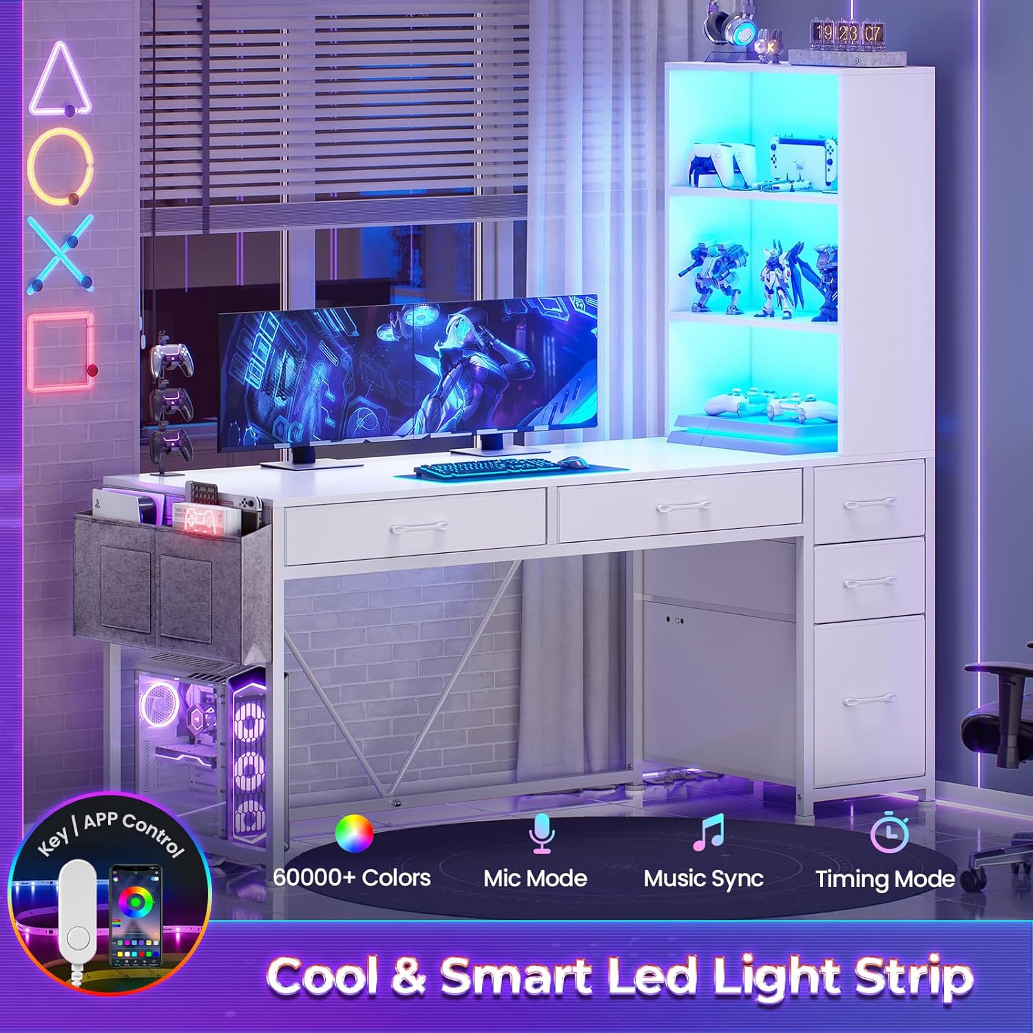 SEDETA Computer Desk with 5 Drawers and Bookshelf, Reversible Home Office Desk with Storage Shelves and File Drawer, Gaming Desk with LED Lights for Small Spaces, White