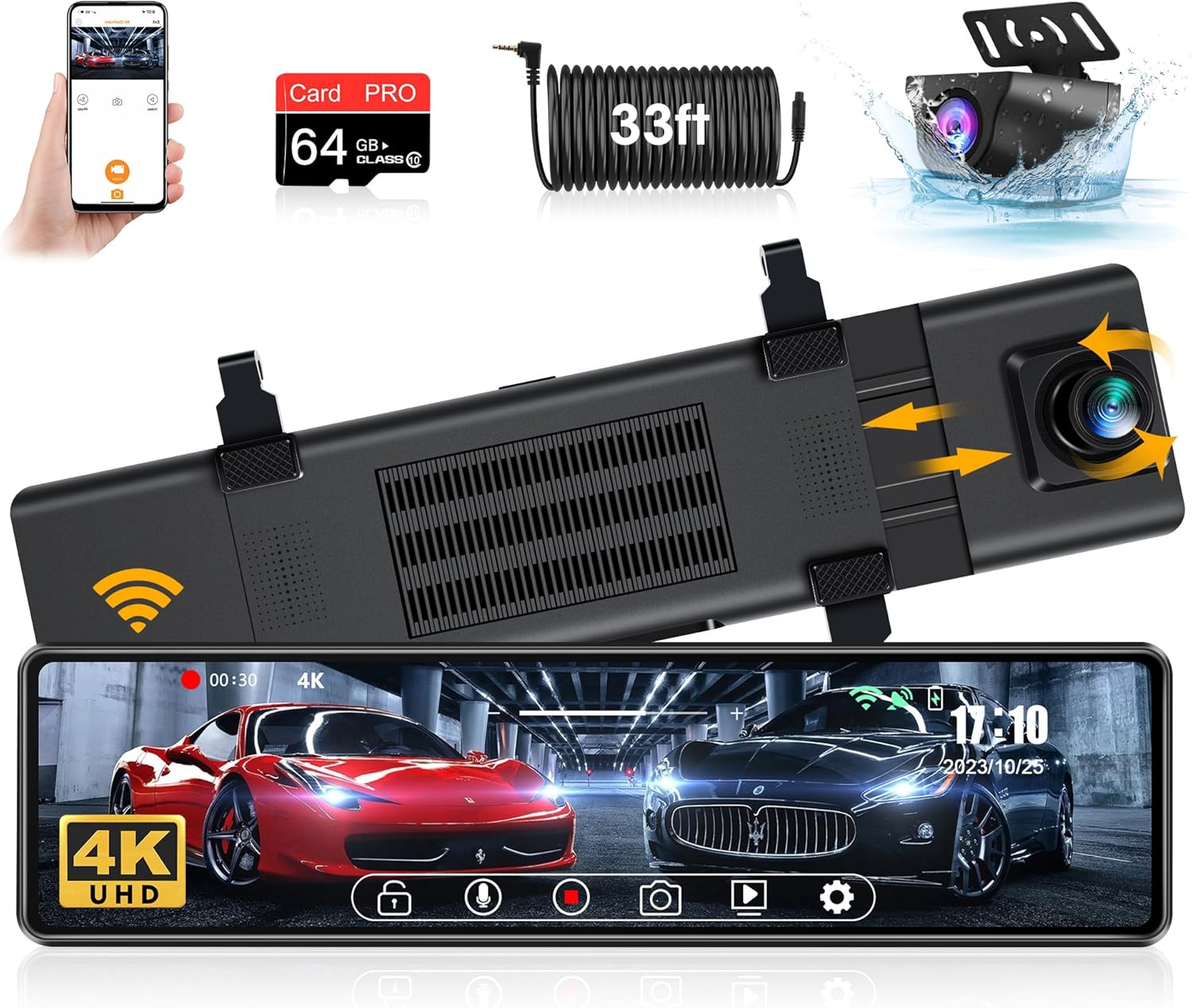 Jelkuz WiFi 4K Rear View Mirror Camera with 12